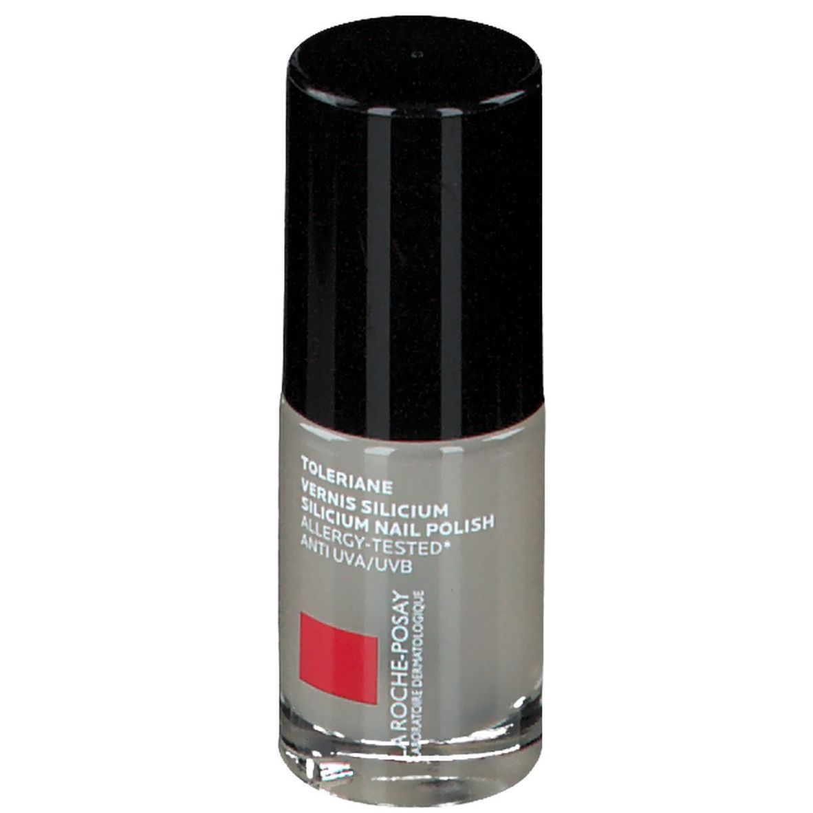 Nagellackflasche mit schwarzem Deckel. Aufschrift: Toleriane Vernis Silicium, Allergy-Tested, Anti UVA/UVB. Logo: La Roche-Posay. Graue Farbe.