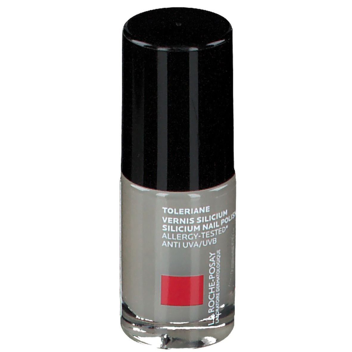 Nagellackflasche mit schwarzem Deckel. Aufschrift: Toleriane Vernis Silicium, Allergy-Tested, Anti UVA/UVB. Logo: La Roche-Posay. Graue Farbe.