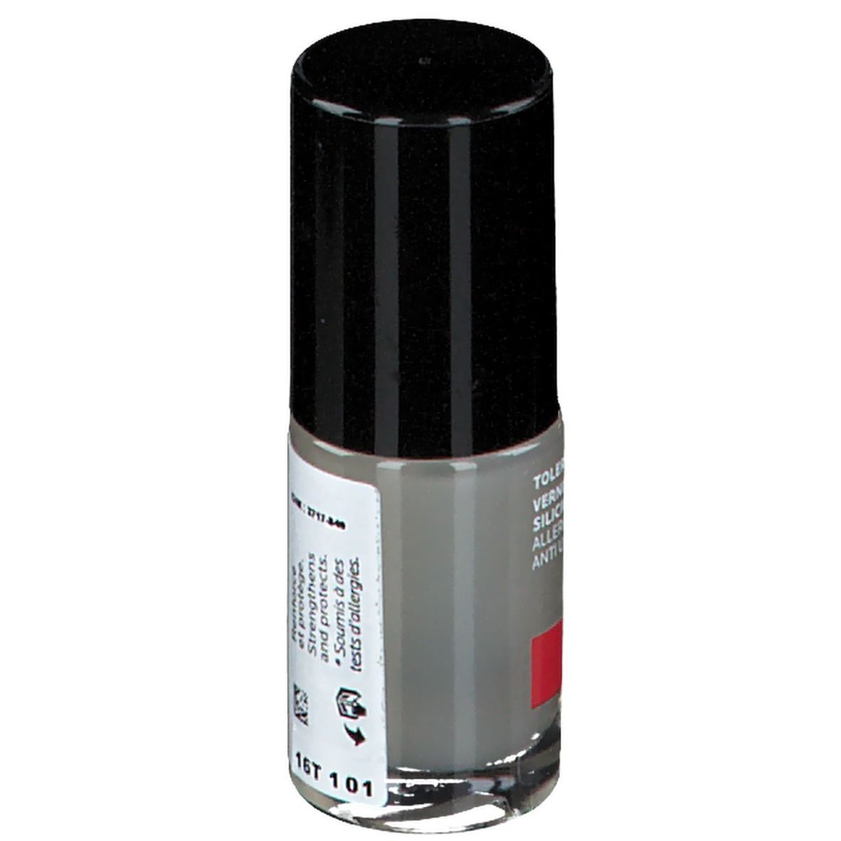 Nagellackflasche mit schwarzem Deckel. Aufschrift: Toleriane Vernis Silicium, Allergy-Tested, Anti UVA/UVB. Logo: La Roche-Posay. Graue Farbe.