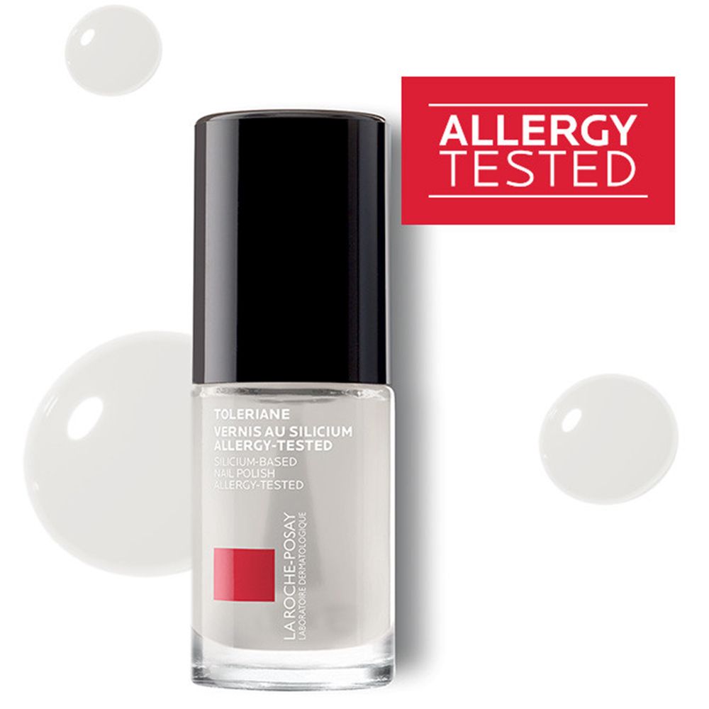 Nagellackflasche mit schwarzem Deckel. Aufschrift: Toleriane Vernis Silicium, Allergy-Tested. Logo: La Roche-Posay. Siegel: Allergy Tested.