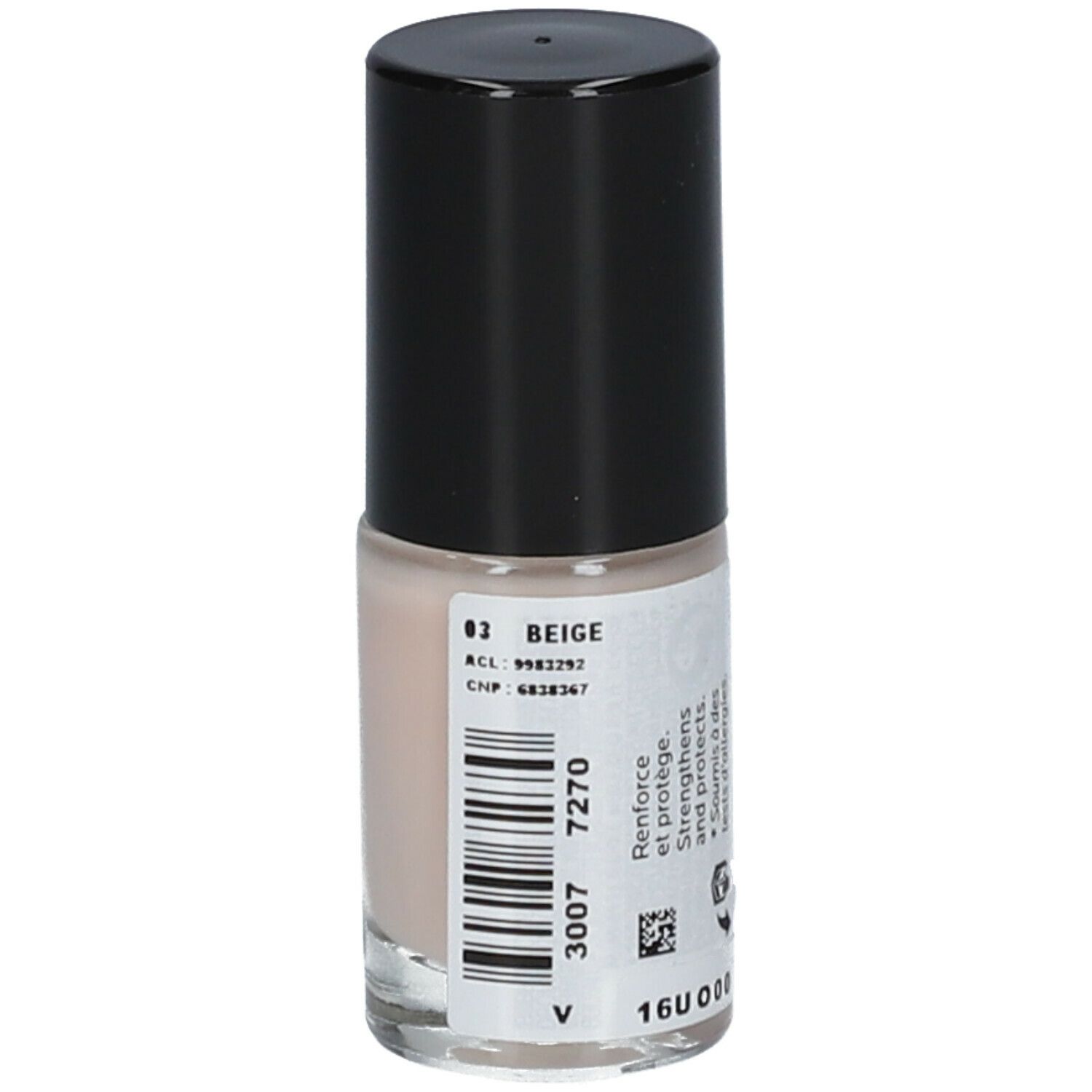 Nagellackflasche mit schwarzem Deckel. Aufschrift: Toleriane, Silicium Nail Polish, Allergy-Tested, Anti UVA/UVB. Logo: La Roche-Posay.