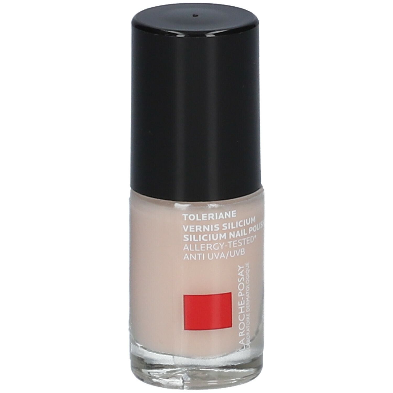 Nagellackflasche mit schwarzem Deckel. Aufschrift: Toleriane, Silicium Nail Polish, Allergy-Tested, Anti UVA/UVB. Logo: La Roche-Posay.