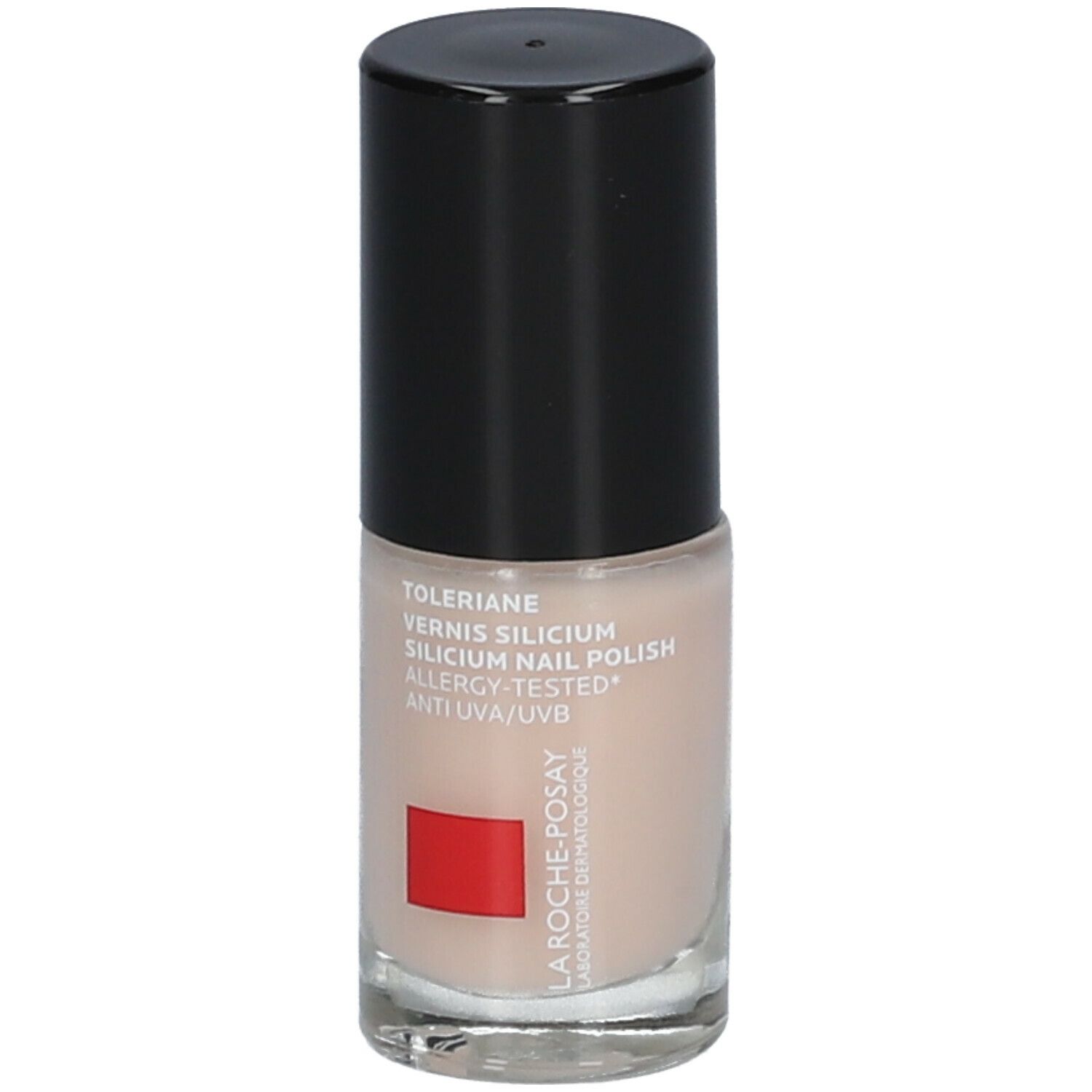 Nagellackflasche mit schwarzem Deckel. Aufschrift: Toleriane, Silicium Nail Polish, Allergy-Tested, Anti UVA/UVB. Logo: La Roche-Posay.