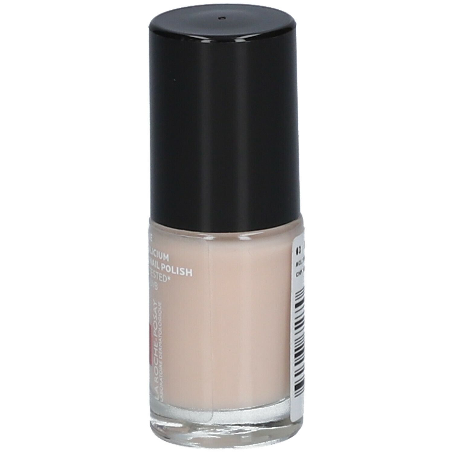 Nagellackflasche mit schwarzem Deckel. Aufschrift: Toleriane, Silicium Nail Polish, Allergy-Tested. Logo: La Roche-Posay. Aufkleber mit Code.