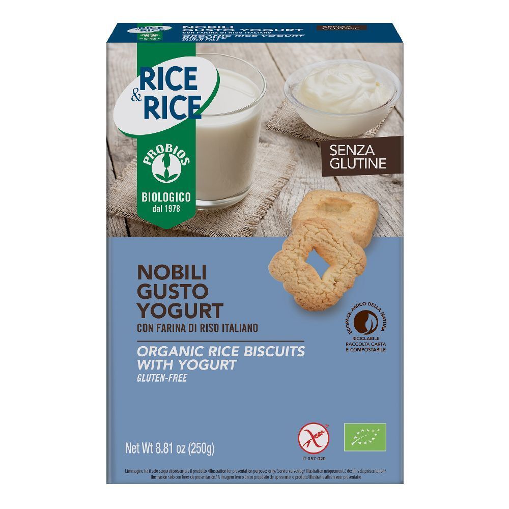 Confezione di biscotti di riso allo yogurt. Scritte: Rice & Rice, senza glutine, biologico. Immagine di biscotti, yogurt e latte.