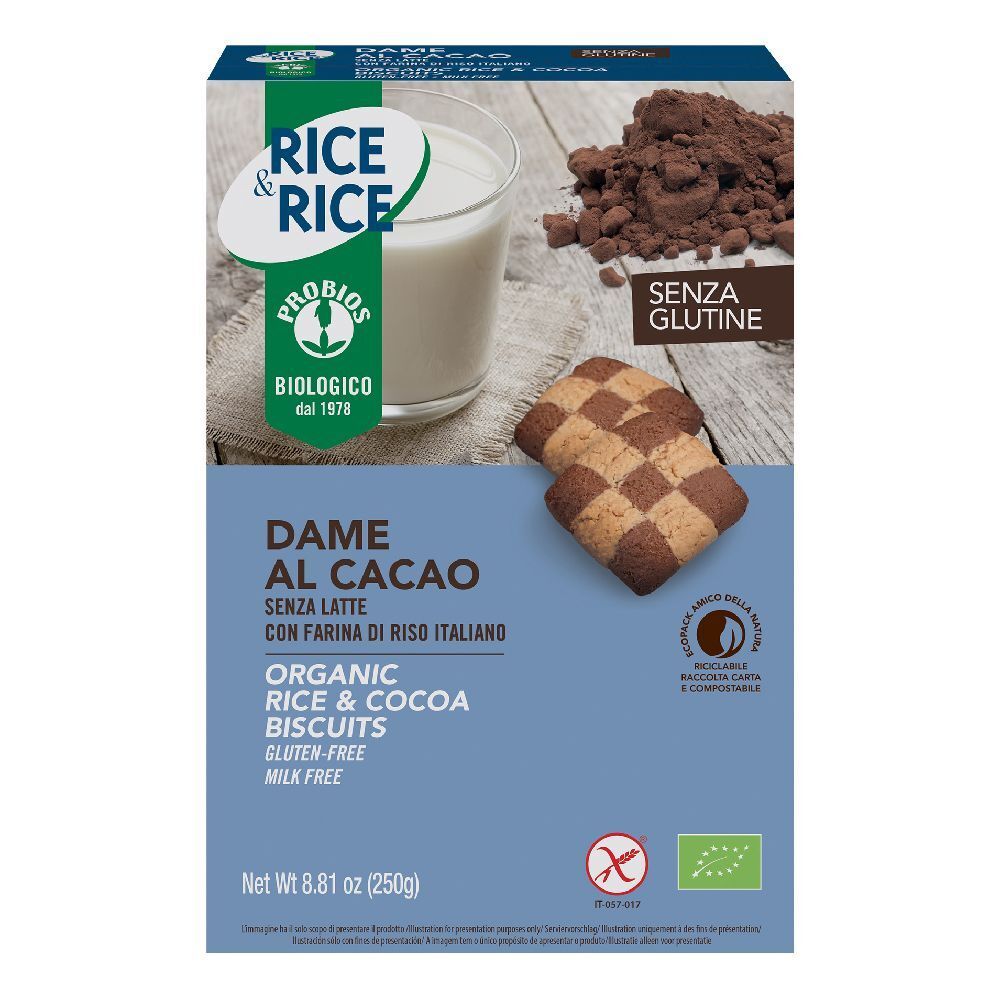 Confezione di biscotti. Scritte: Rice & Rice, Dame al Cacao, senza latte, senza glutine. Certificazione biologica. Peso netto 250g.