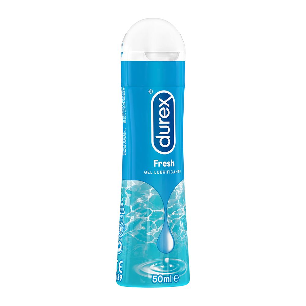 Türkisgrüne Flasche mit weißem Deckel. Durex-Logo und "Fresh"-Schriftzug. 50ml-Angabe.