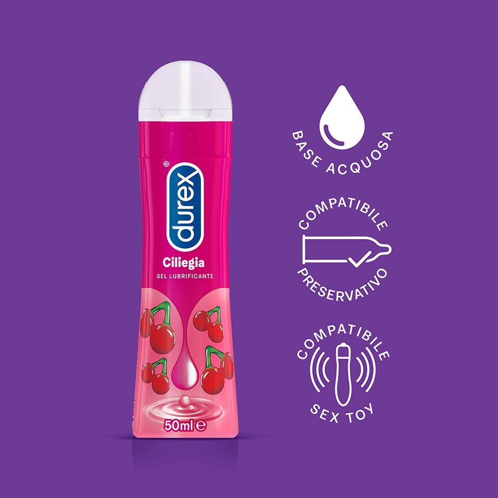 Rote Flasche mit weißem Deckel. Durex-Logo, Kirsch-Illustrationen und Schriftzug „Ciliegia“. Symbole für Kompatibilität.