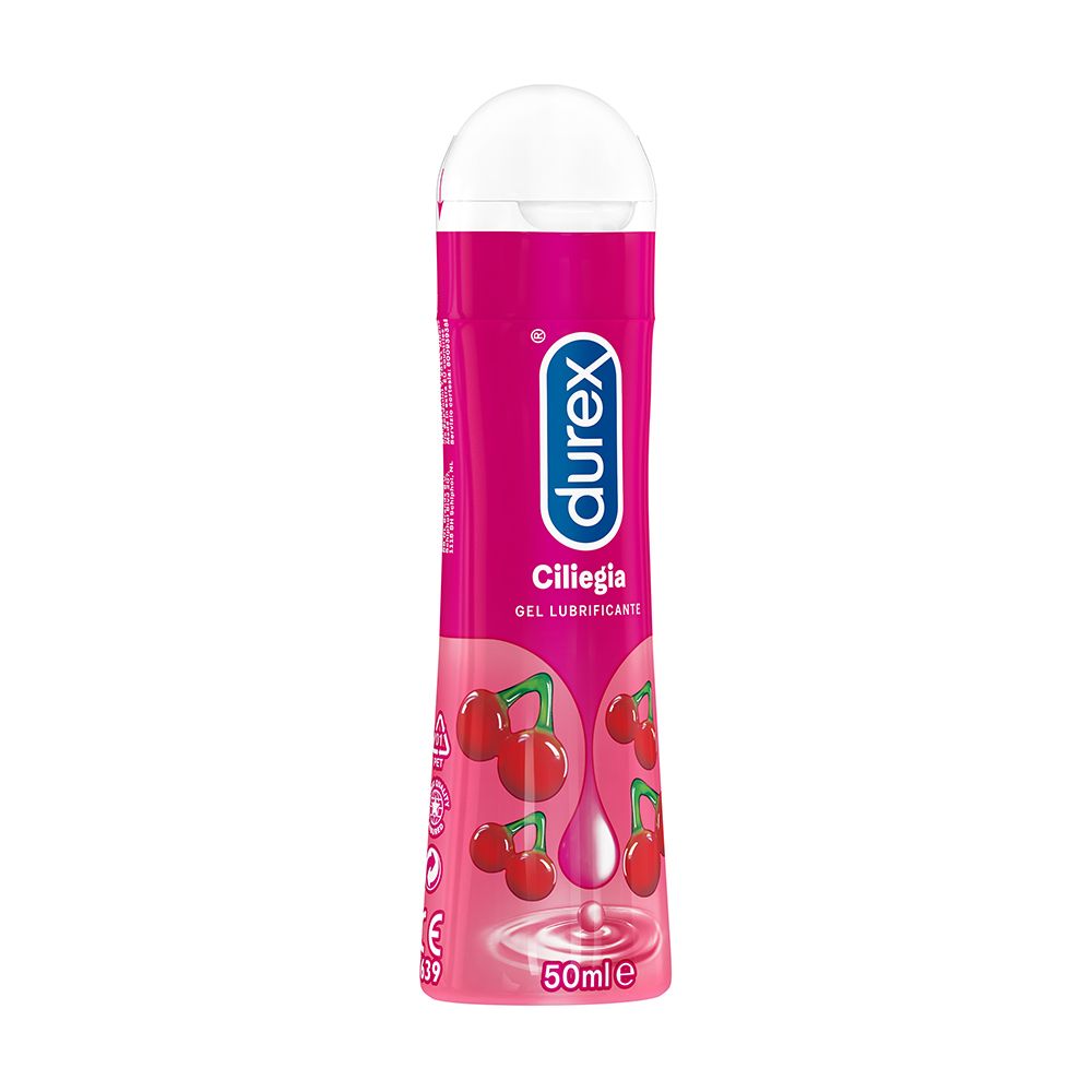 Rote Flasche mit weißem Deckel. Durex-Logo und Schriftzug „Ciliegia“ (Kirsche). 50ml-Angabe. CE-Kennzeichnung.