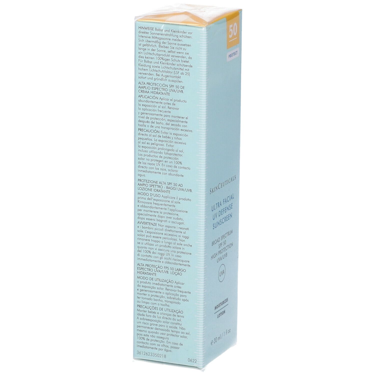 Retro della scatola azzurra. Testo multilingue. Nome prodotto: "Ultra Facial Defense Sunscreen".
