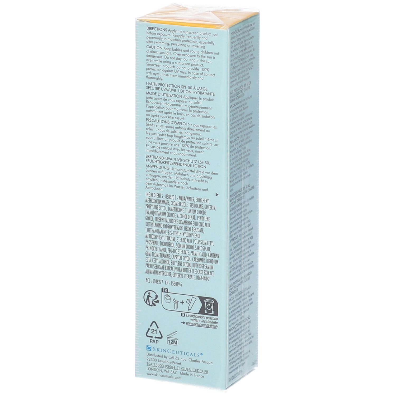 Retro della scatola azzurra. Testo multilingue. Nome prodotto: "Ultra Facial Defense Sunscreen".