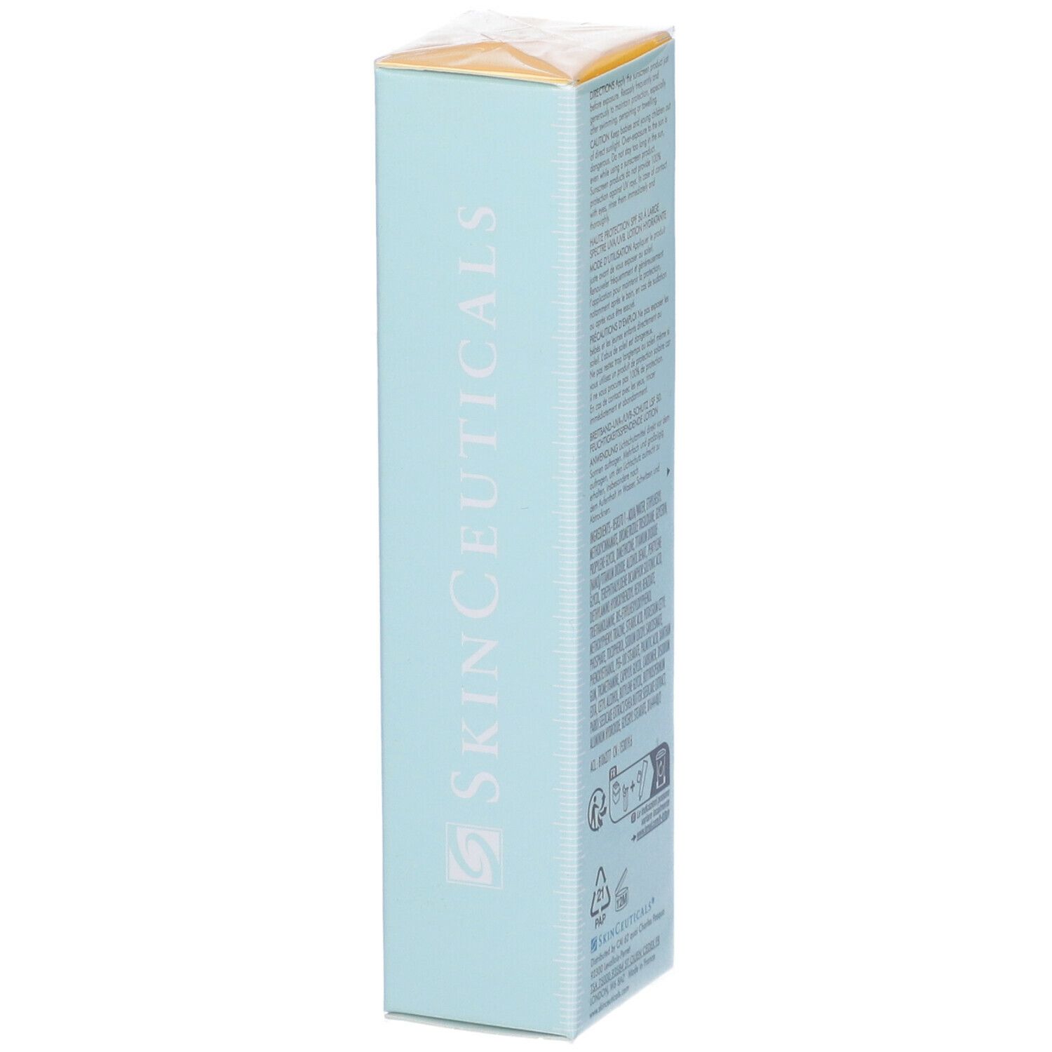Lato della scatola azzurra. Nome prodotto: "Skinceuticals". Testo multilingue.