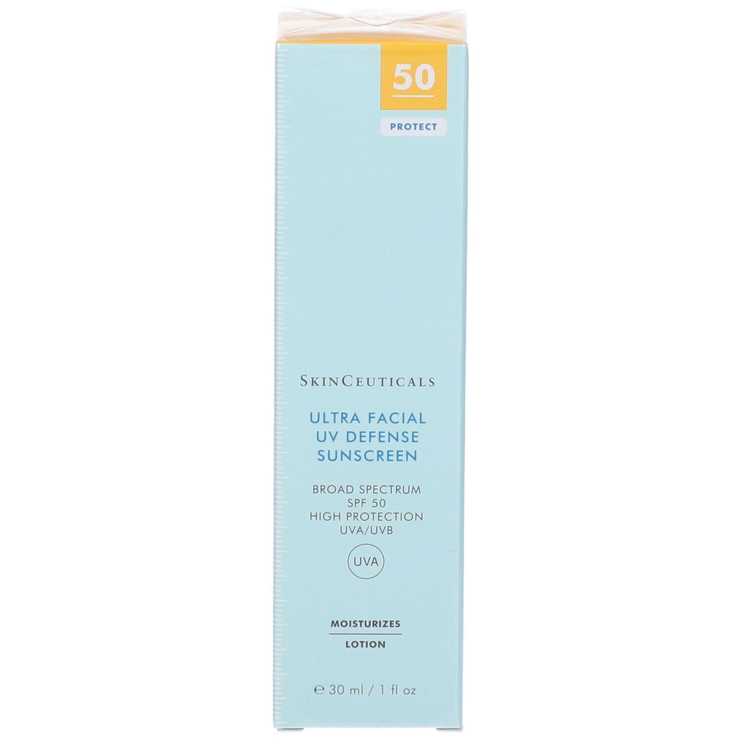 Scatola azzurra con "Ultra Facial Defense Sunscreen". SPF 50, UVA/UVB. Scritta "Moisturizes Lotion".