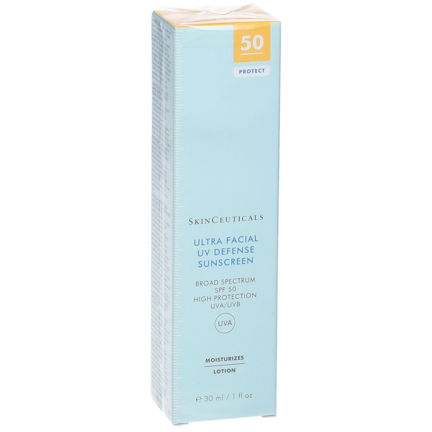 Scatola azzurra con "Ultra Facial Defense Sunscreen". SPF 50, UVA/UVB. Scritta "Moisturizes Lotion".