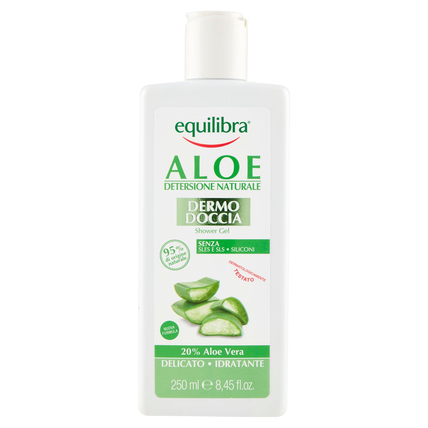 Flacone bianco Equilibra® Aloe Dermo Doccia. Fronte con logo, illustrazione aloe vera e testo. 250 ml.