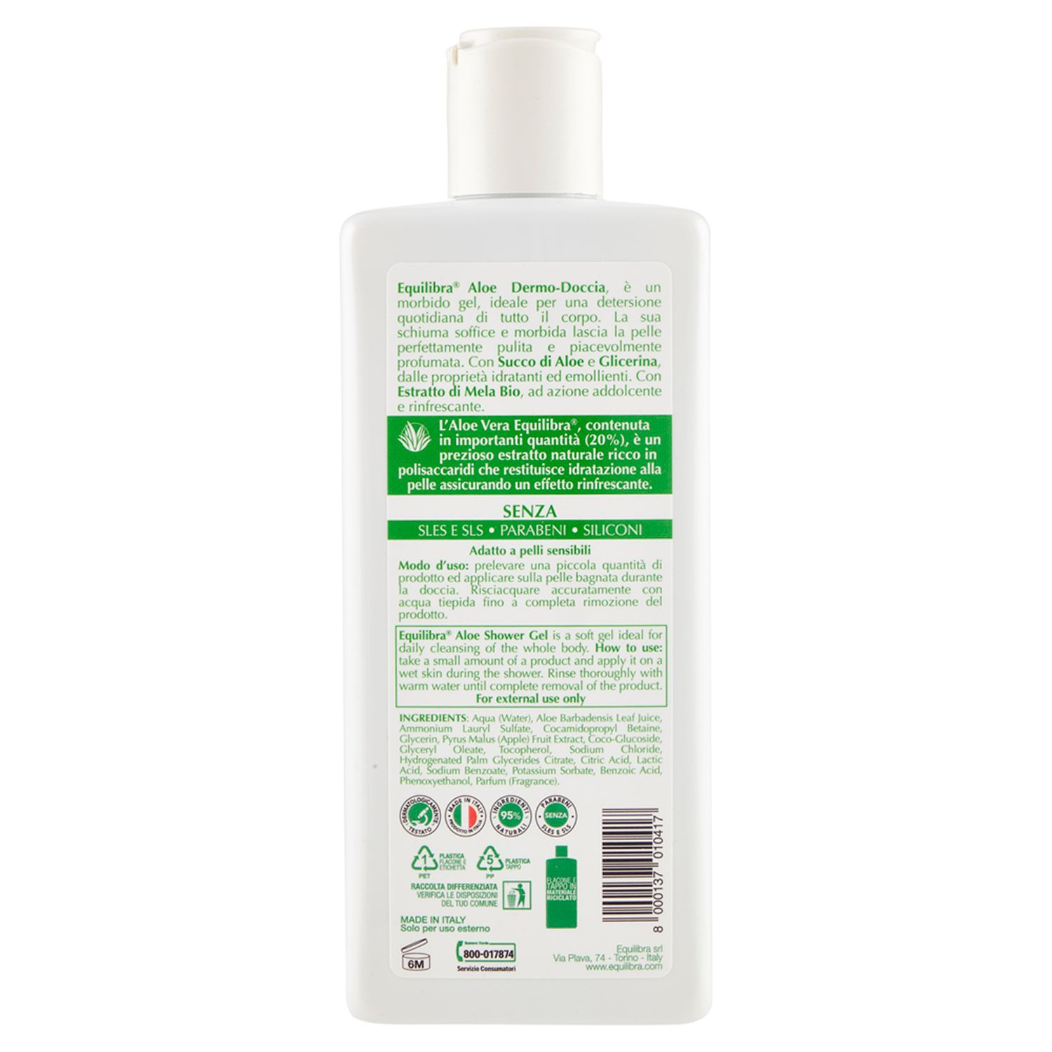Retro del flacone bianco Equilibra® Aloe Dermo Doccia. Testo in italiano, ingredienti e certificazioni.