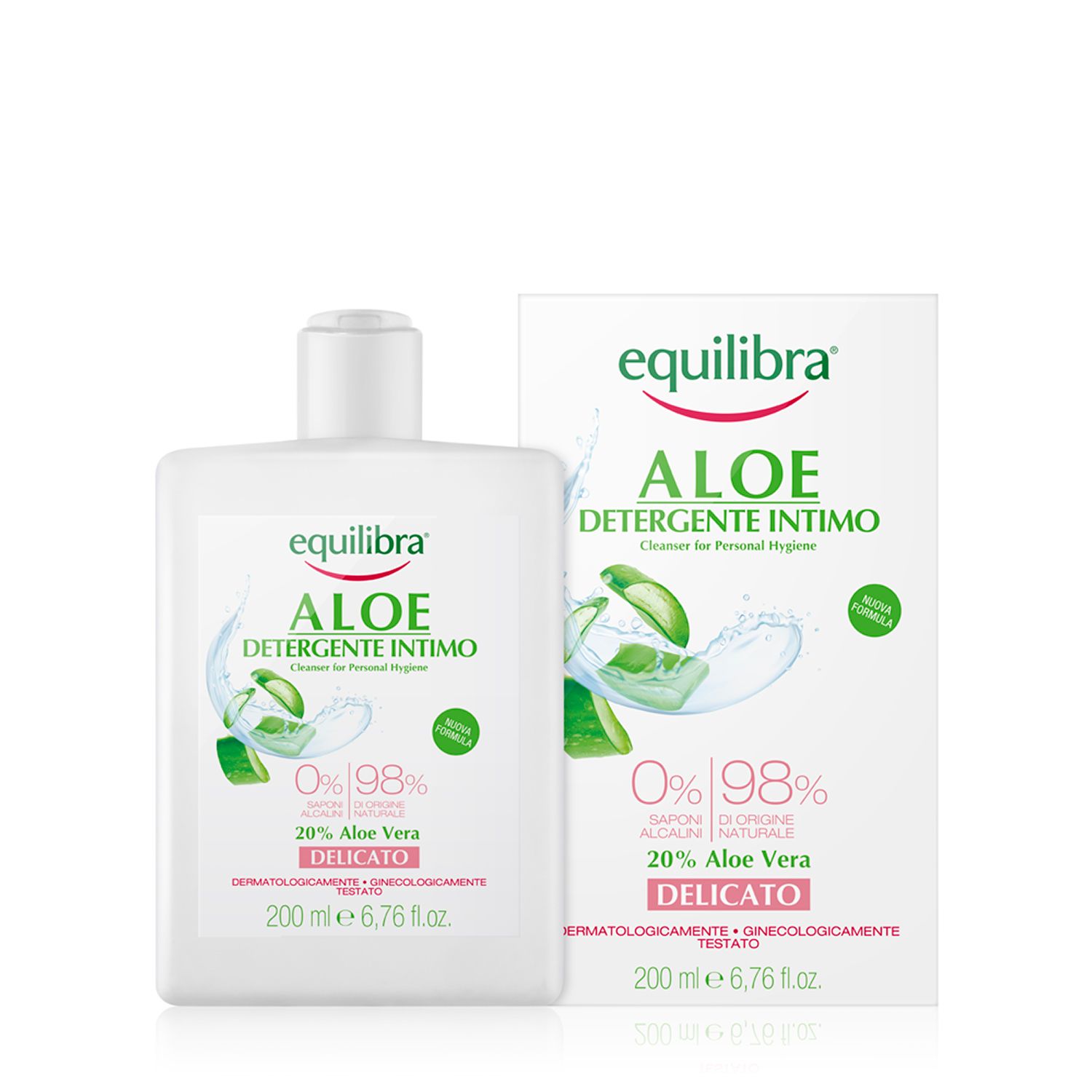 Equilibra Aloe Intimo Reiniger, 200 ml Flasche mit Kartonverpackung. Enthält 20% Aloe Vera.