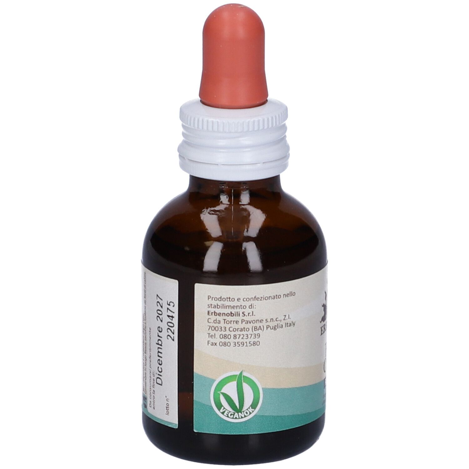 Flacone di vetro marrone con contagocce. Scritta: Erbenobili, Ficus Carica, FitoBlasto. Logo Vegan. Scadenza.
