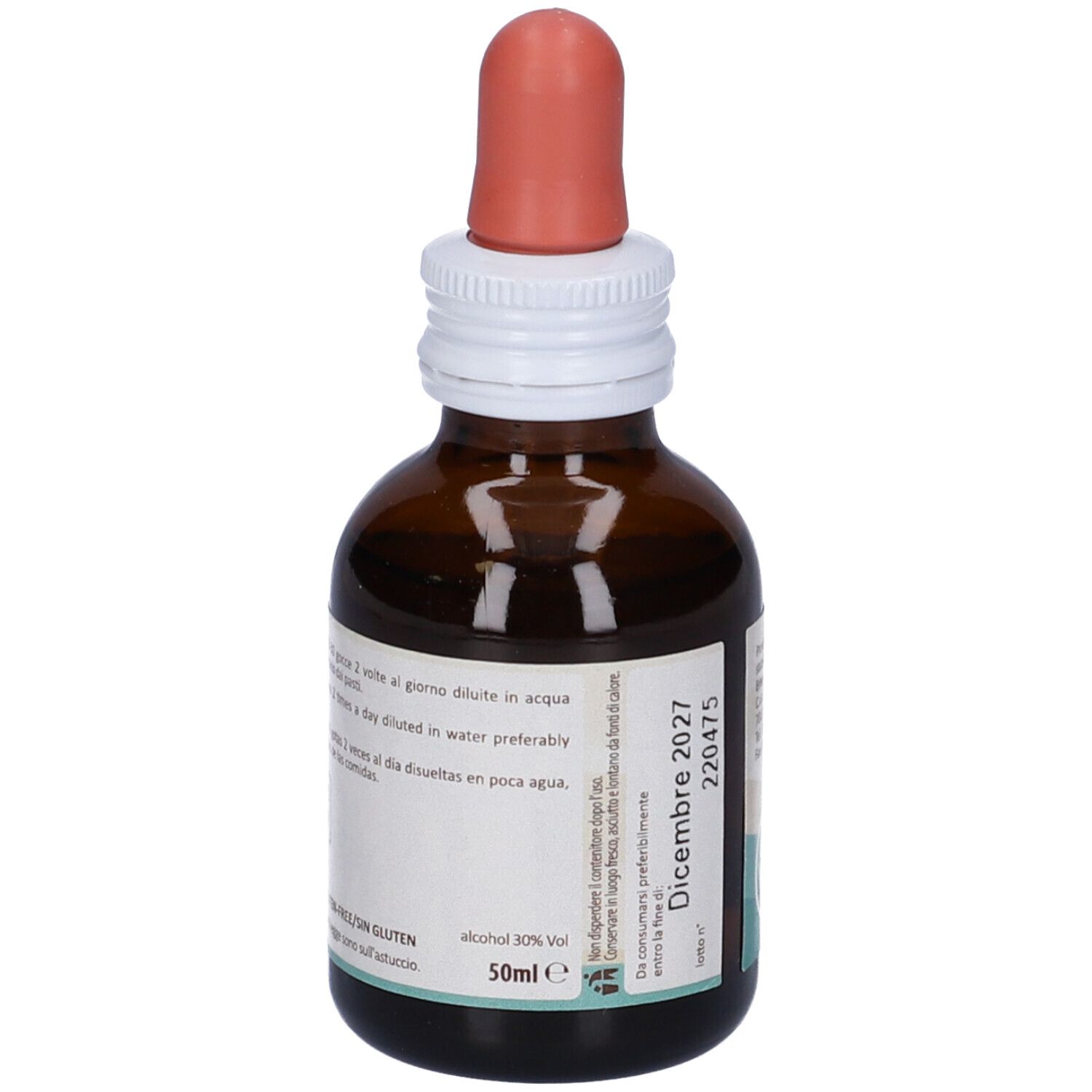 Flacone di vetro marrone con contagocce. Scritta: Erbenobili, Ficus Carica, FitoBlasto. Alcool 30% vol. 50ml. Scadenza.