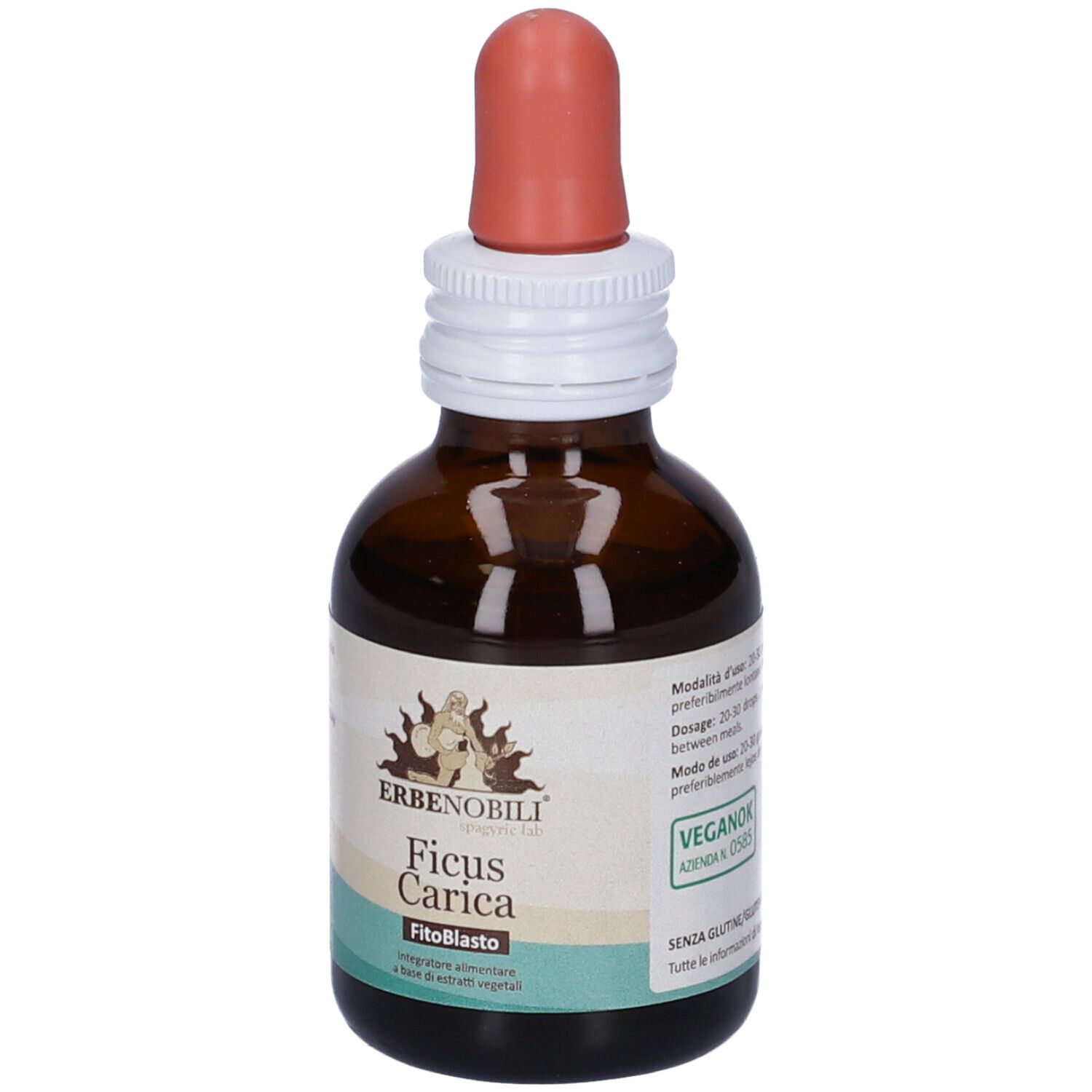 Flacone di vetro marrone con contagocce. Scritta: Erbenobili, Ficus Carica, FitoBlasto. Logo Vegan. Tonalità marroni e bianche.