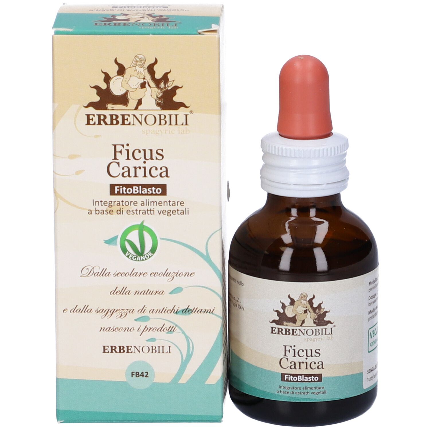 Flacone e confezione del prodotto. Scritta: Erbenobili, Ficus Carica, FitoBlasto. Logo Vegan. Tonalità marroni e verdi.