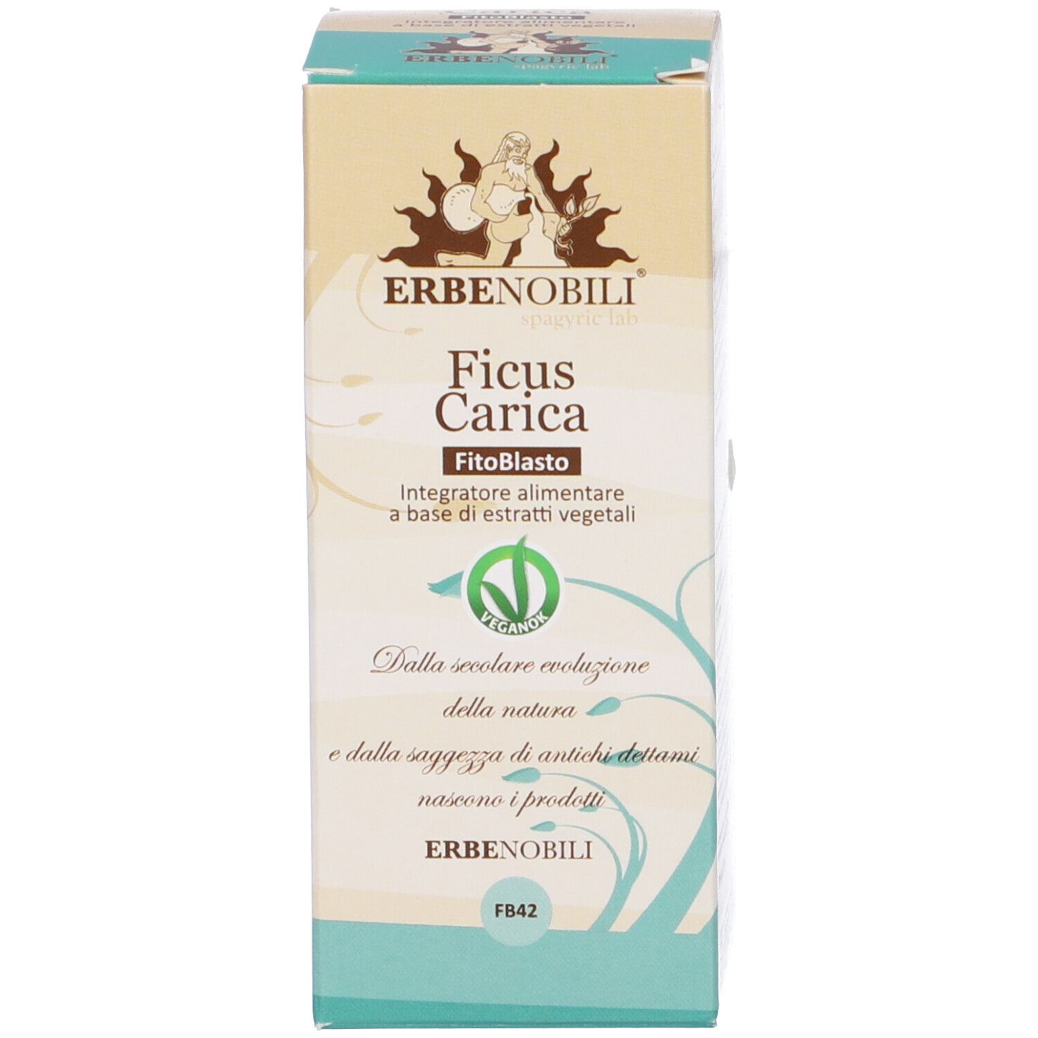 Confezione del prodotto. Scritta: Erbenobili, Ficus Carica, FitoBlasto. Logo Vegan. Tonalità marroni e verdi.