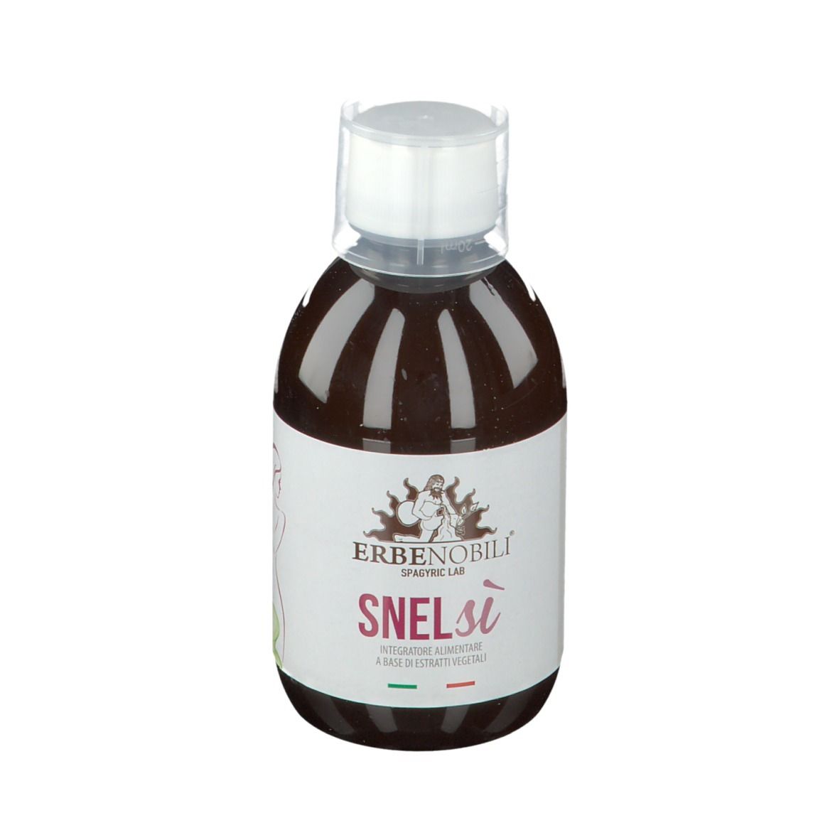 Liquido marrone in bottiglia con etichetta bianca. Scritta ERBENOBILI SnelSí. Chiusura trasparente.