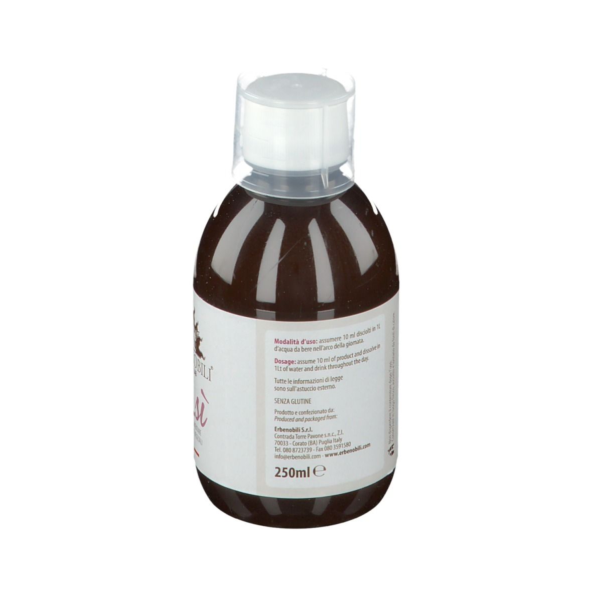 Bottiglia con liquido marrone. Etichetta bianca con testo. Chiusura trasparente. Retro della bottiglia.