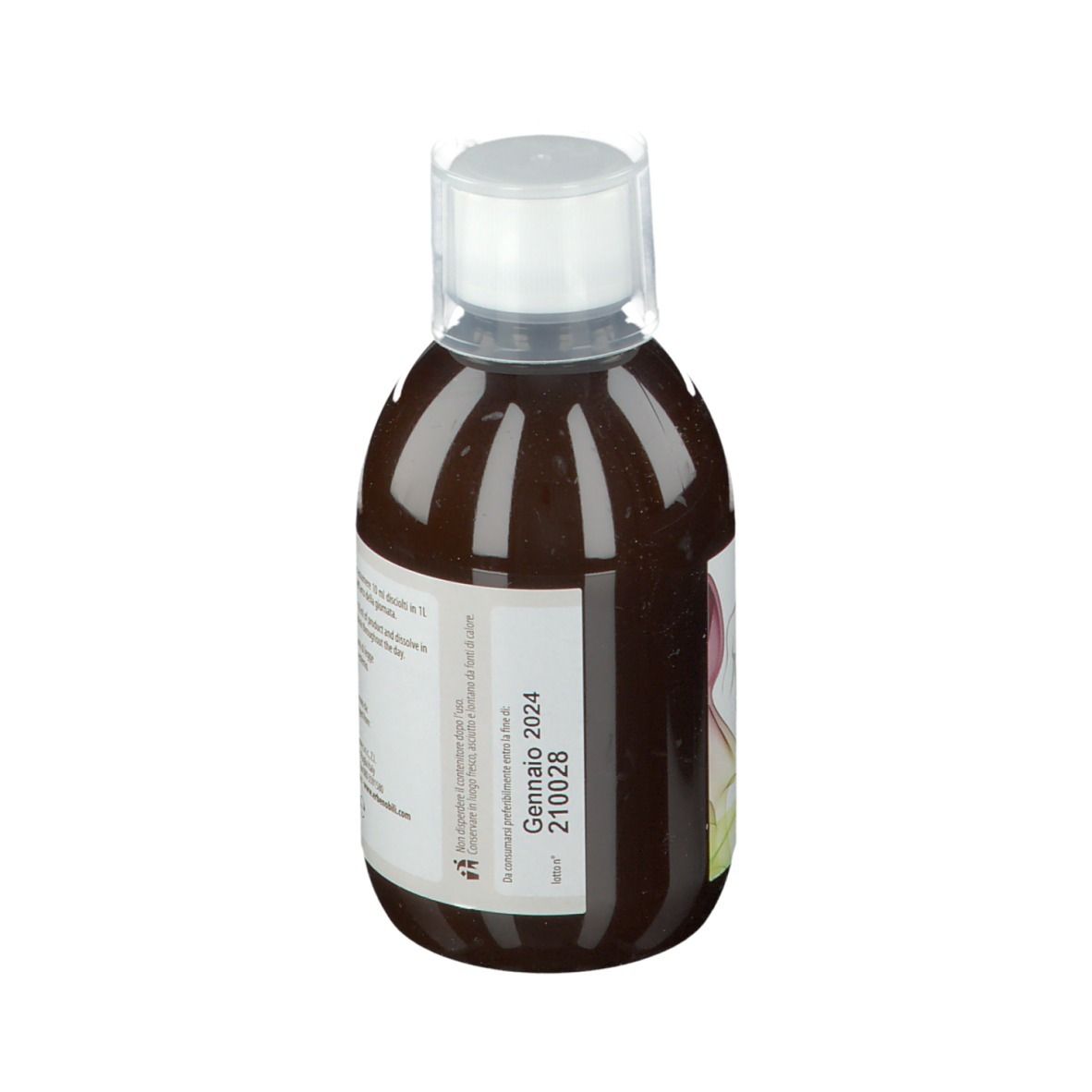 Bottiglia con liquido marrone. Etichetta bianca con testo e data. Chiusura trasparente. Retro della bottiglia.