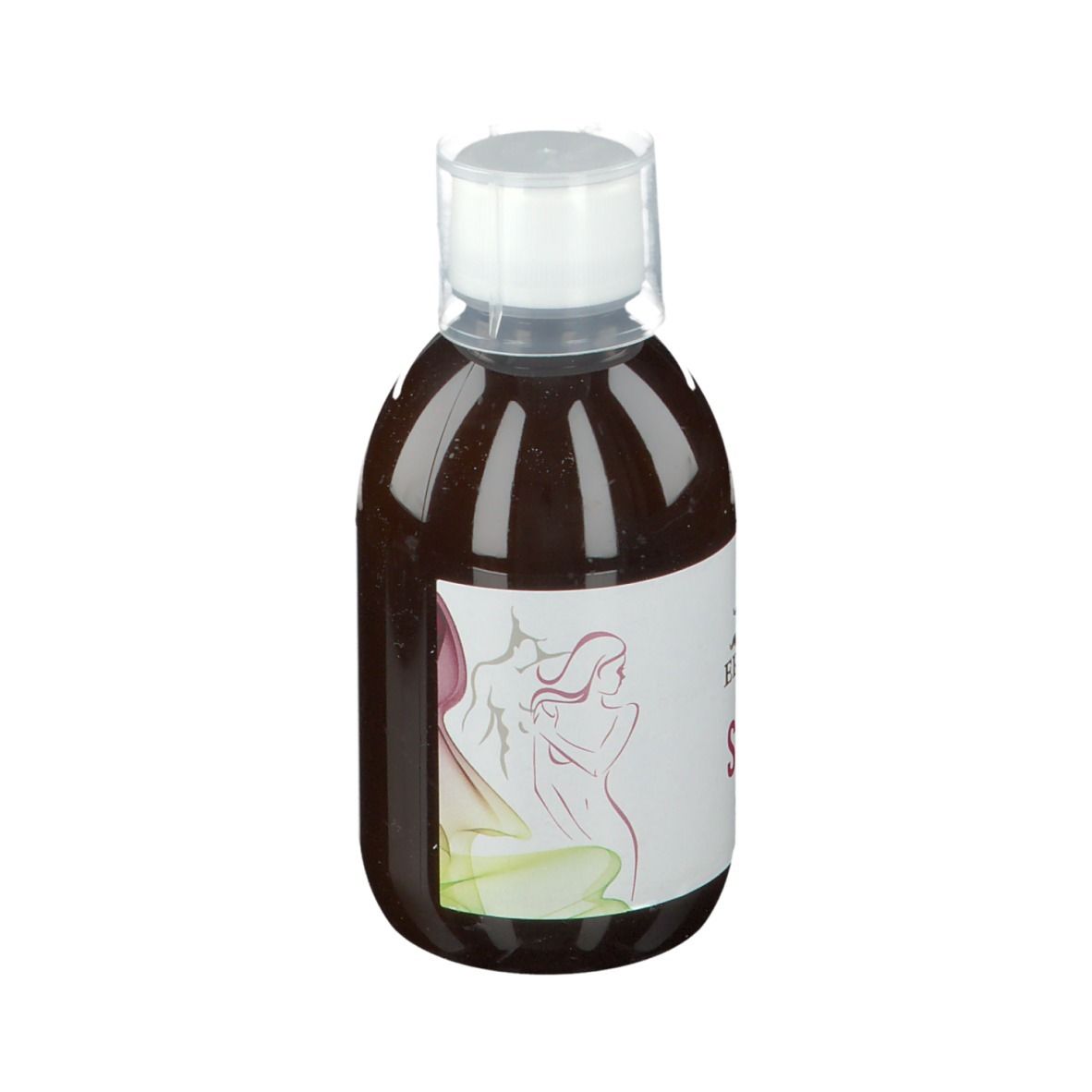 Bottiglia con liquido marrone. Etichetta bianca con testo e illustrazione. Chiusura trasparente. Vista laterale.