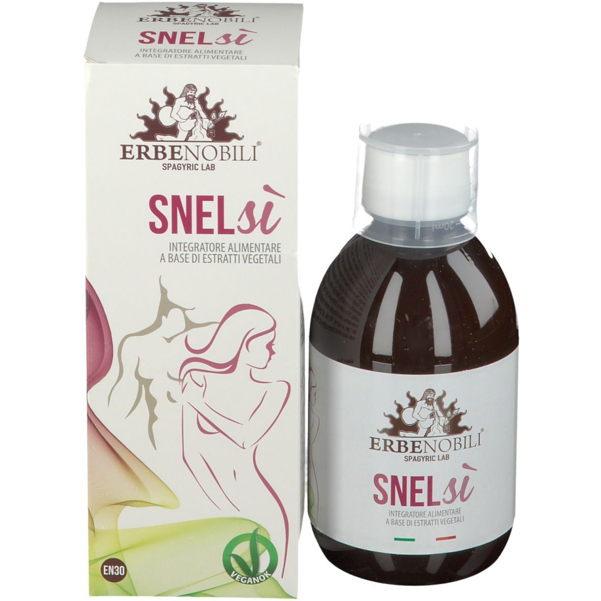 Bottiglia e scatola. Bottiglia con liquido marrone, etichetta bianca. Scatola con stampa del prodotto. Scritta ERBENOBILI SnelSí.