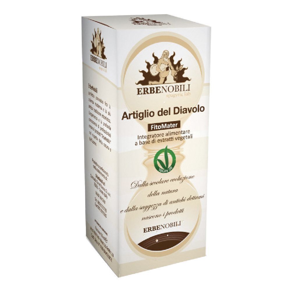 Scatola di Fitomater Artiglio del Diavolo. Scritte: Erbenobili, Artiglio del Diavolo, FitoMater, vegan.