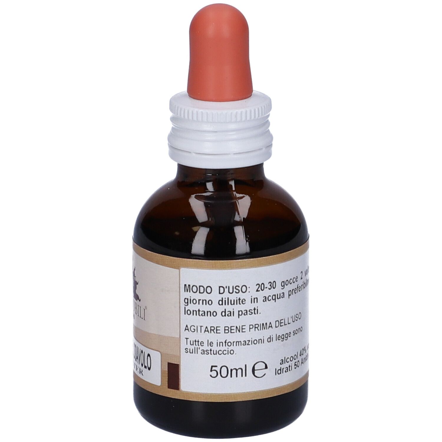 Flacone in vetro marrone con contagocce. Scritta: Erbenobili, Artiglio del Diavolo, 50ml. Etichetta con istruzioni.