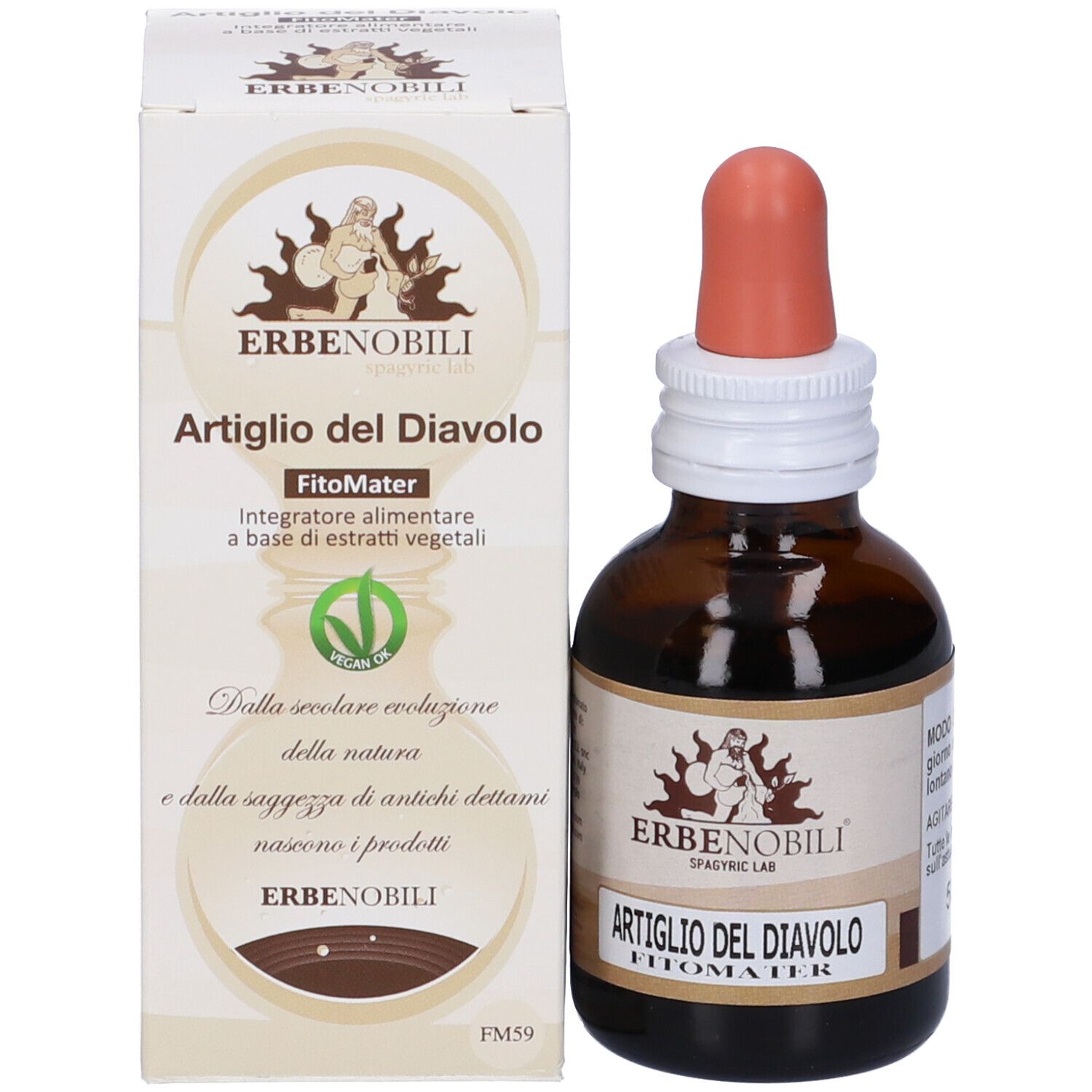 Confezione del prodotto con flacone e contagocce. Scritta: Erbenobili, Artiglio del Diavolo, FitoMater, 50ml.