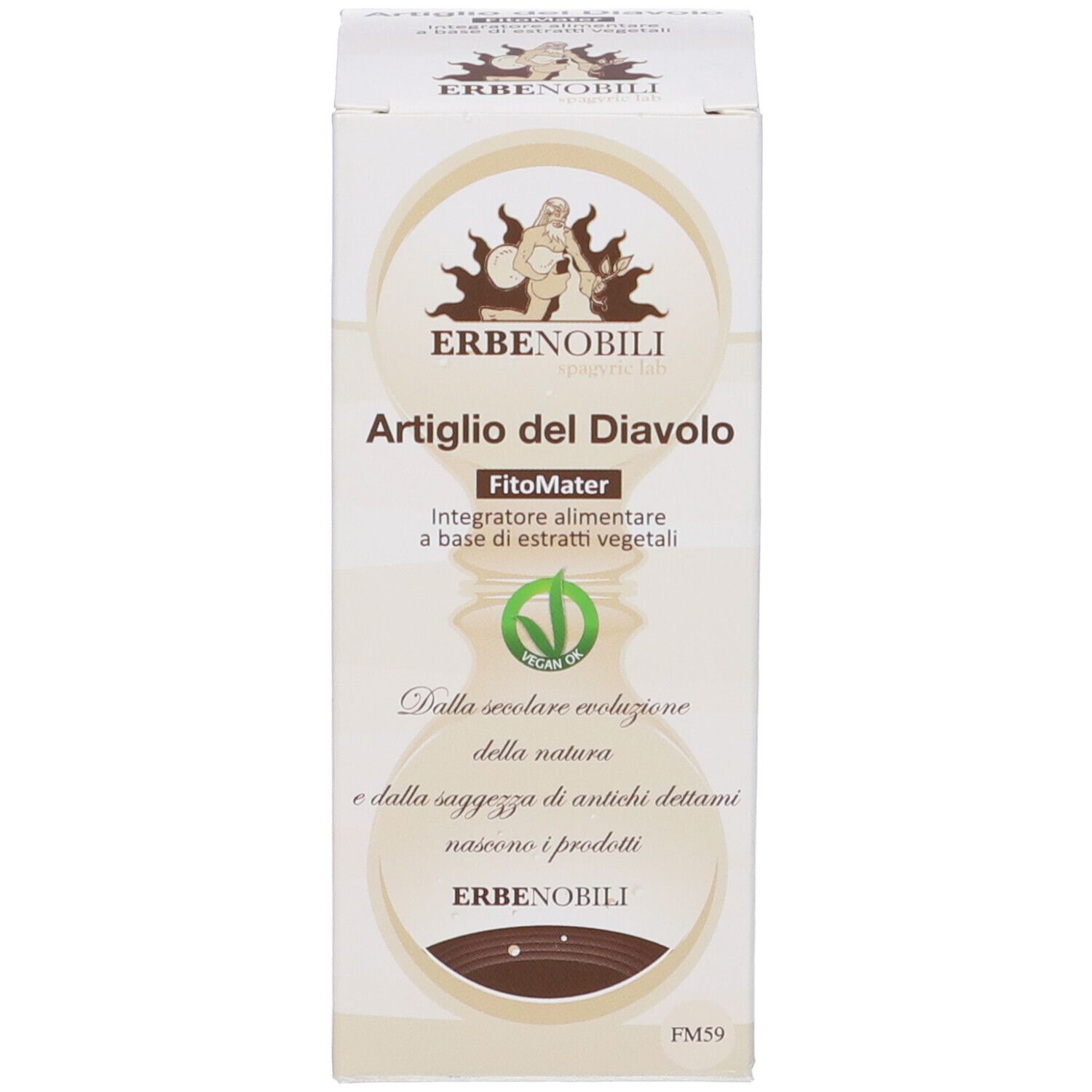 Scatola di Fitomater Artiglio del Diavolo. Scritte: Erbenobili, Artiglio del Diavolo, FitoMater, vegan.