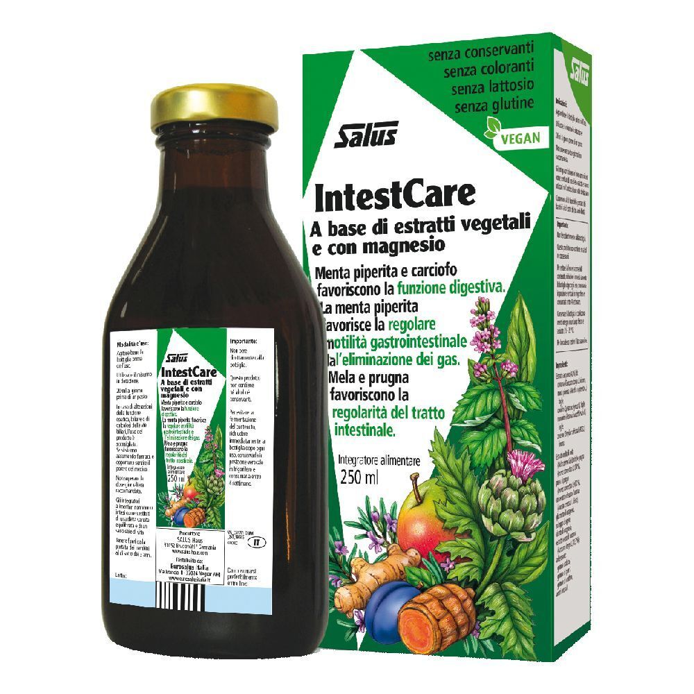 Bottiglia di vetro marrone e confezione verde. Scritta: Salus IntestCare. Contiene estratti vegetali e magnesio. Vegano.