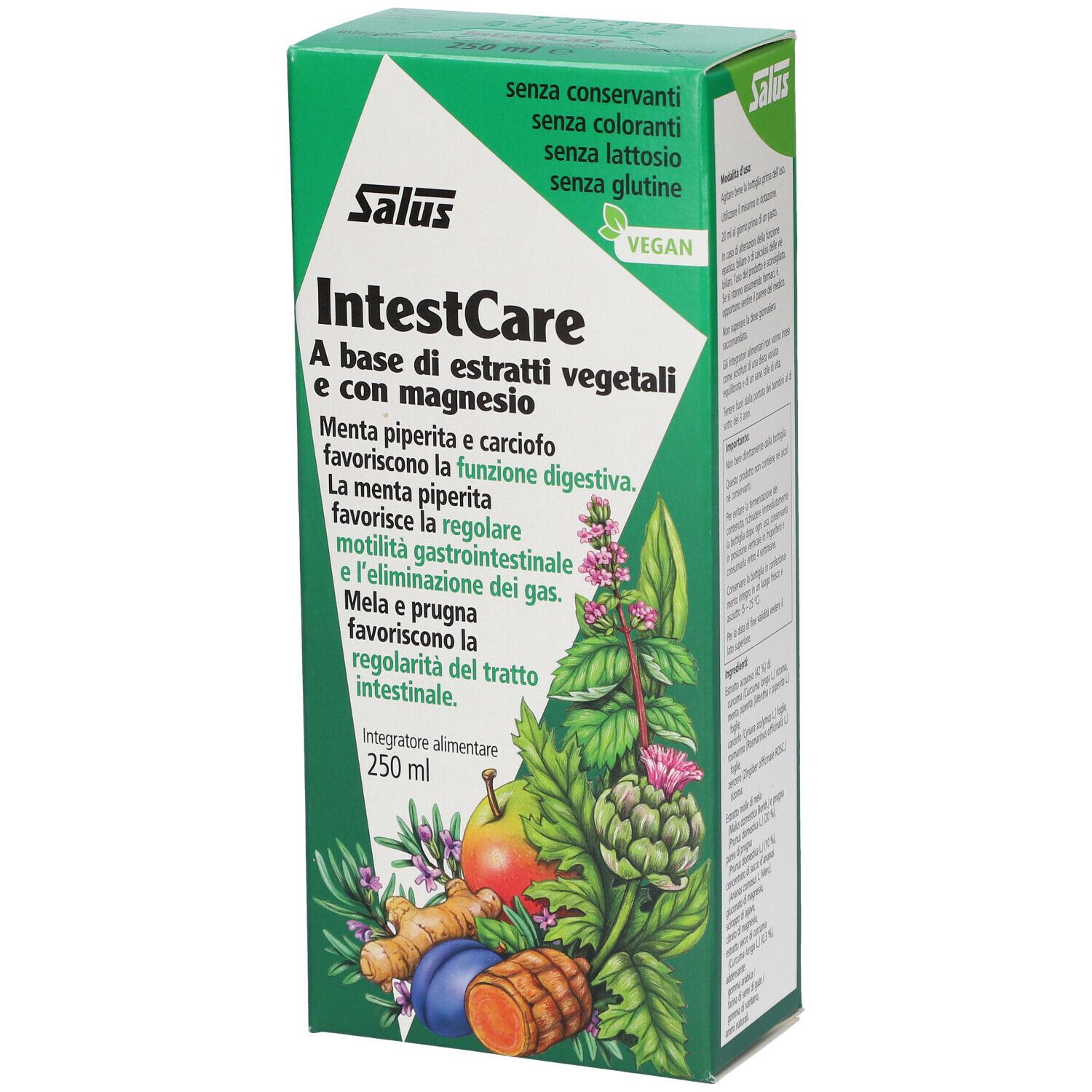 Confezione verde. Scritta: Salus IntestCare. Contiene estratti vegetali e magnesio. Vegano. Senza conservanti, coloranti, lattosio, glutine.