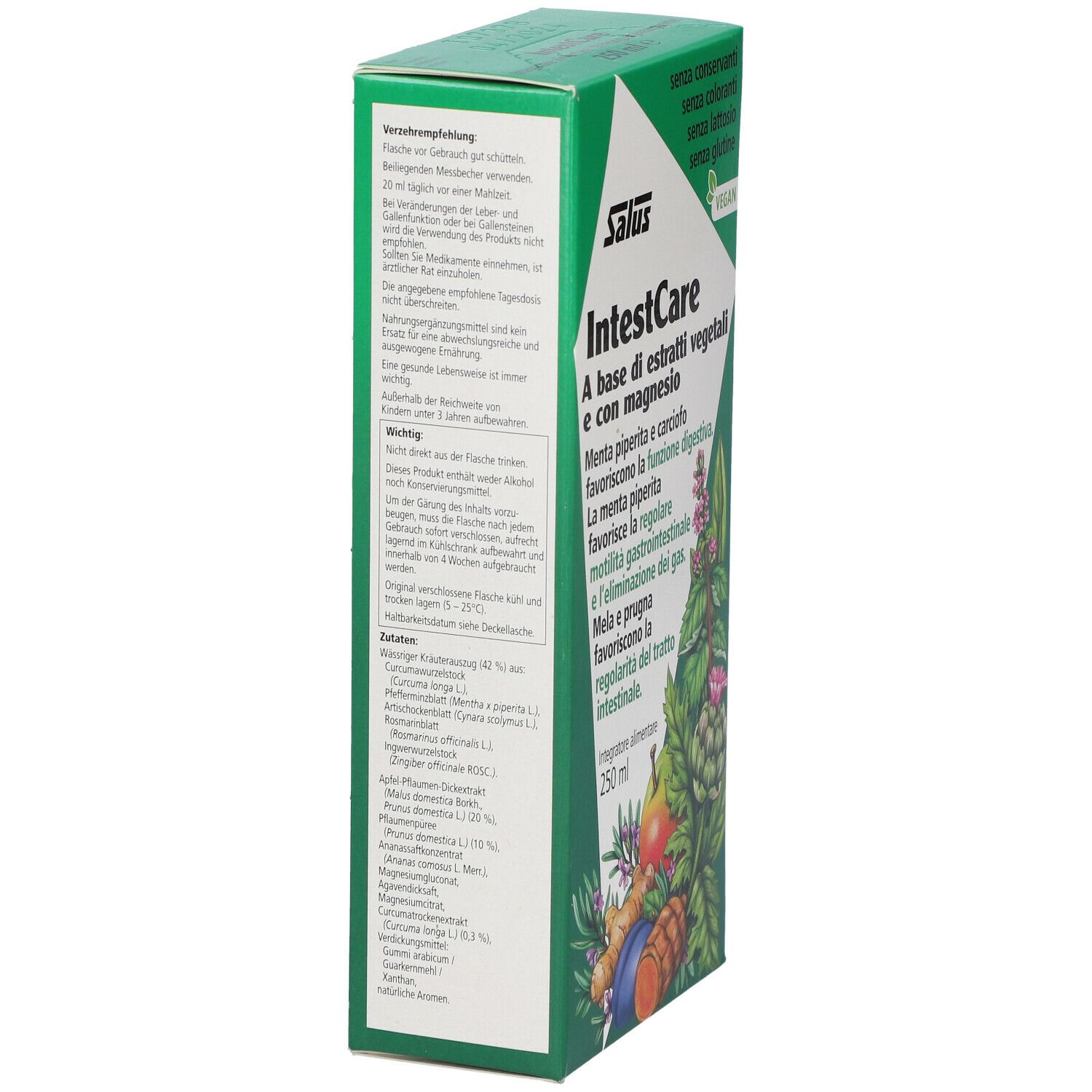 Confezione verde. Scritta: Salus IntestCare. Contiene estratti vegetali e magnesio. Vegano. Senza conservanti, coloranti, lattosio, glutine.