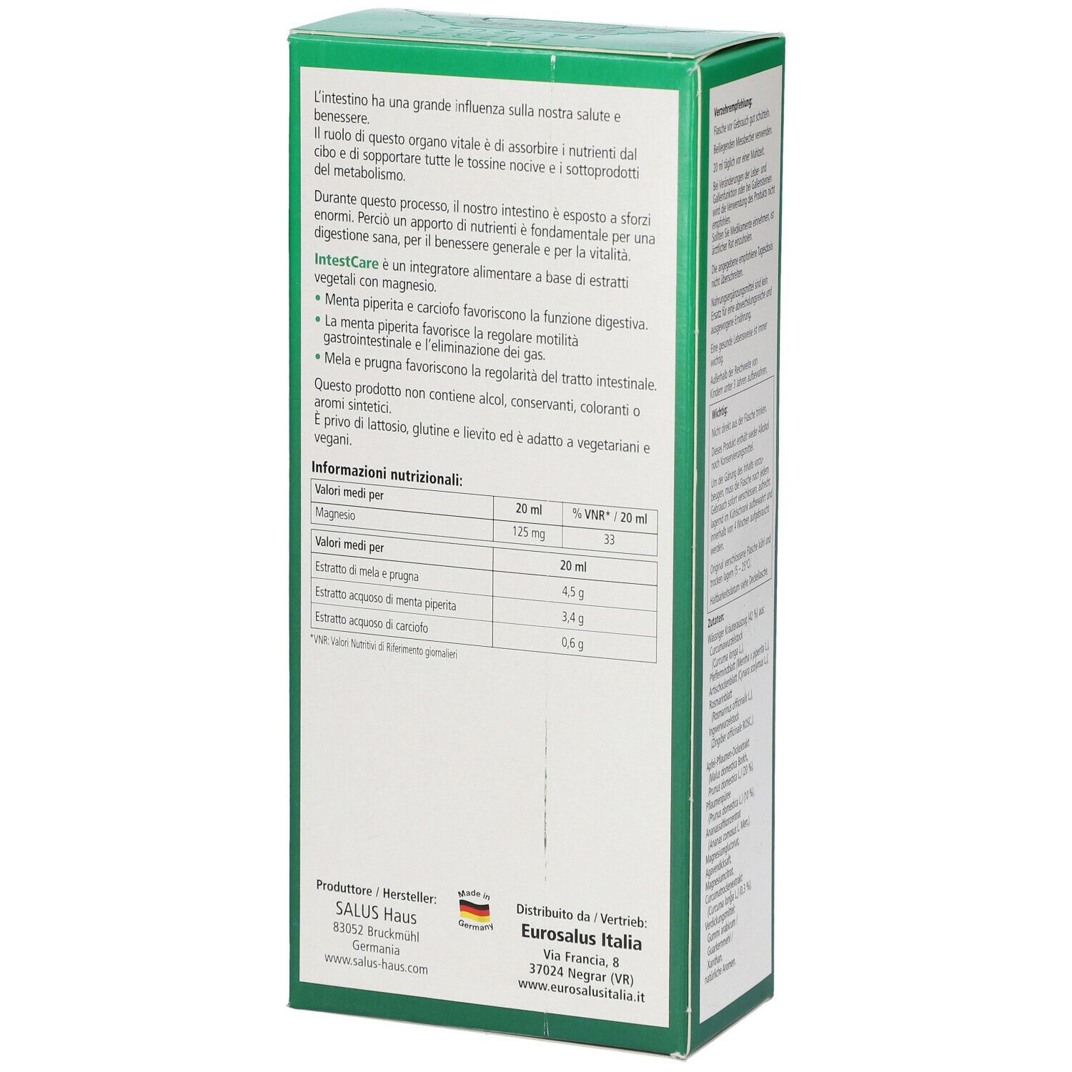 Confezione verde, vista laterale. Scritta: Salus IntestCare. Contiene estratti vegetali e magnesio. Vegano. Ingredienti e informazioni nutrizionali.