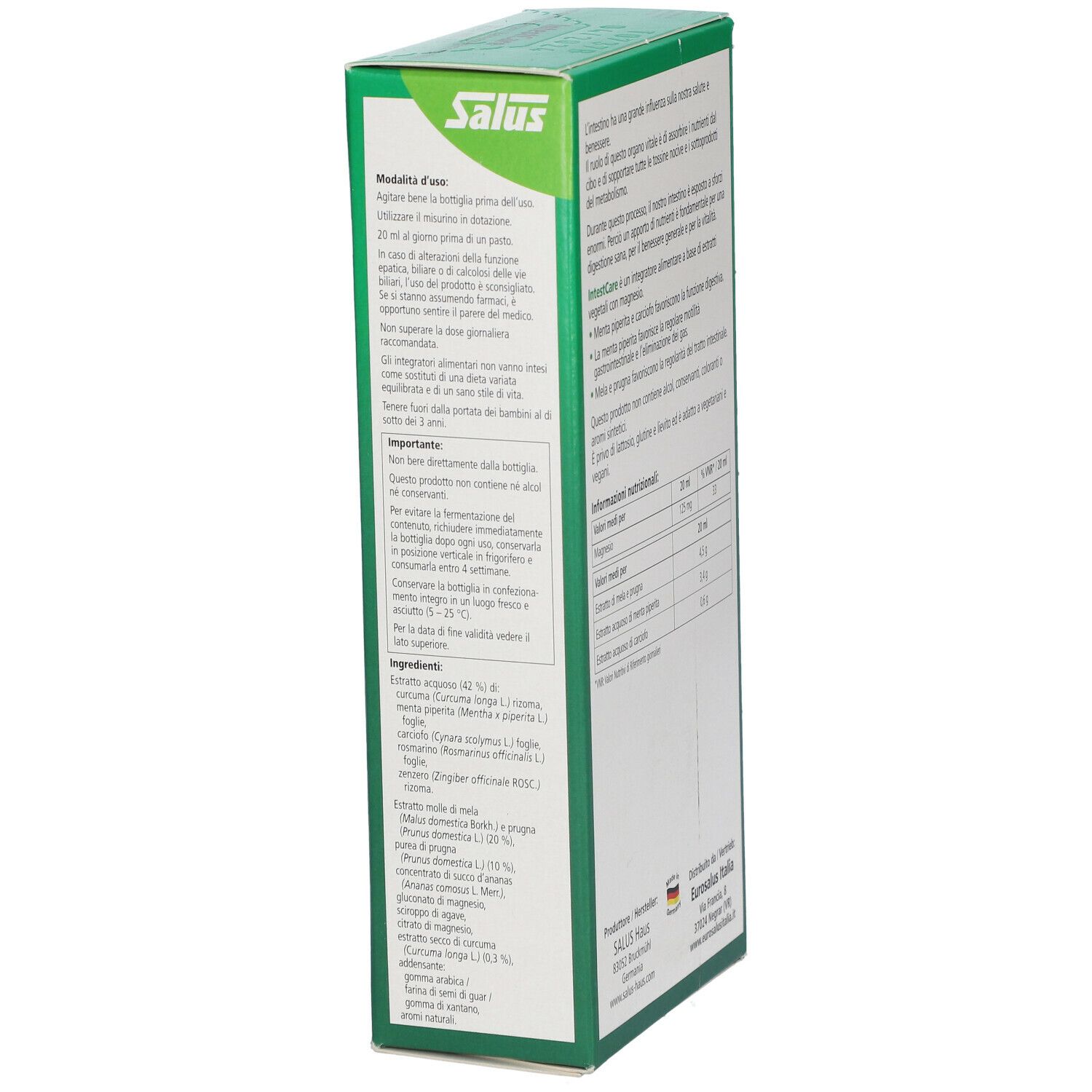 Confezione verde, vista laterale. Scritta: Salus IntestCare. Contiene estratti vegetali e magnesio. Vegano. Istruzioni per l'uso e ingredienti.