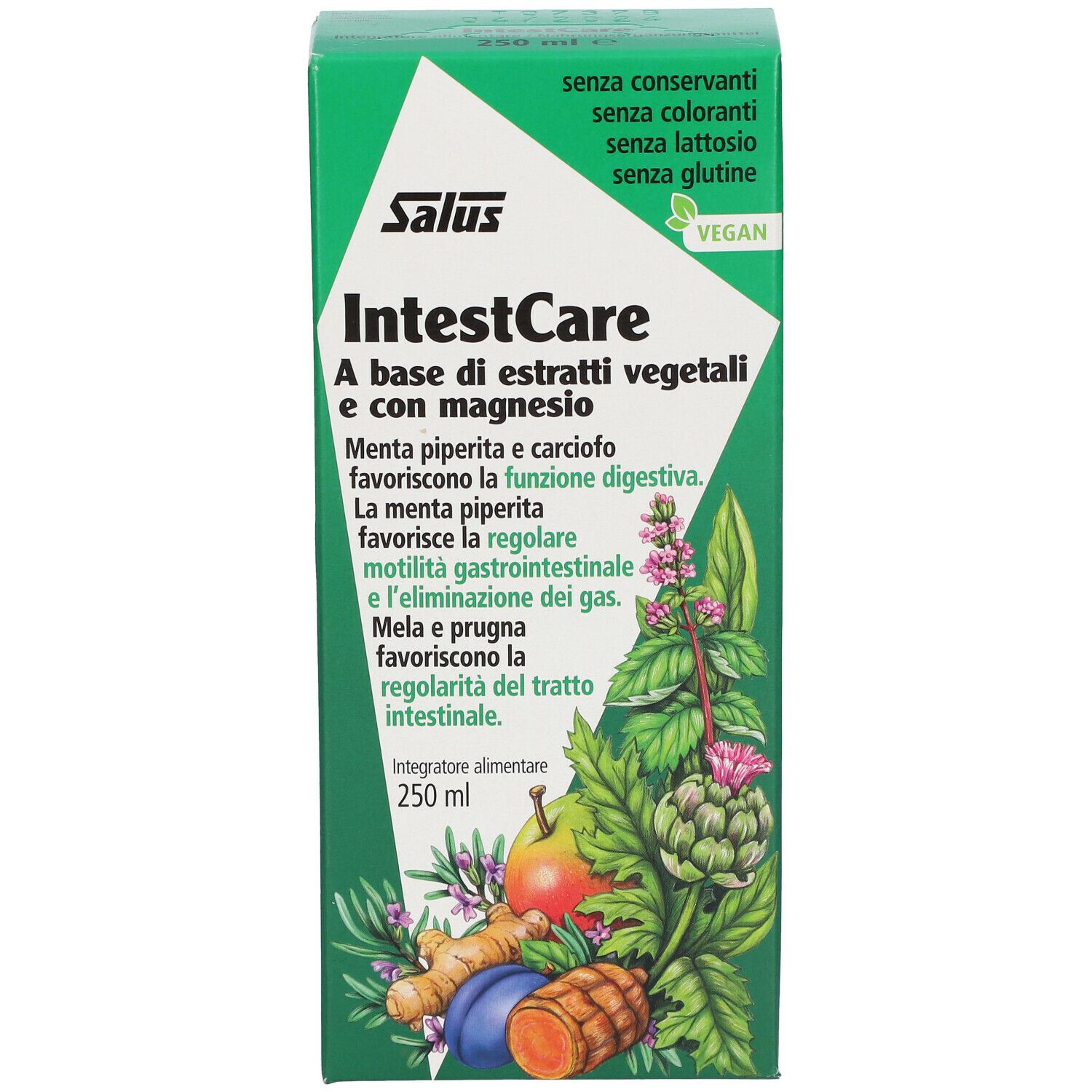 Confezione verde. Scritta: Salus IntestCare. Contiene estratti vegetali e magnesio. Vegano. Senza conservanti, coloranti, lattosio, glutine.