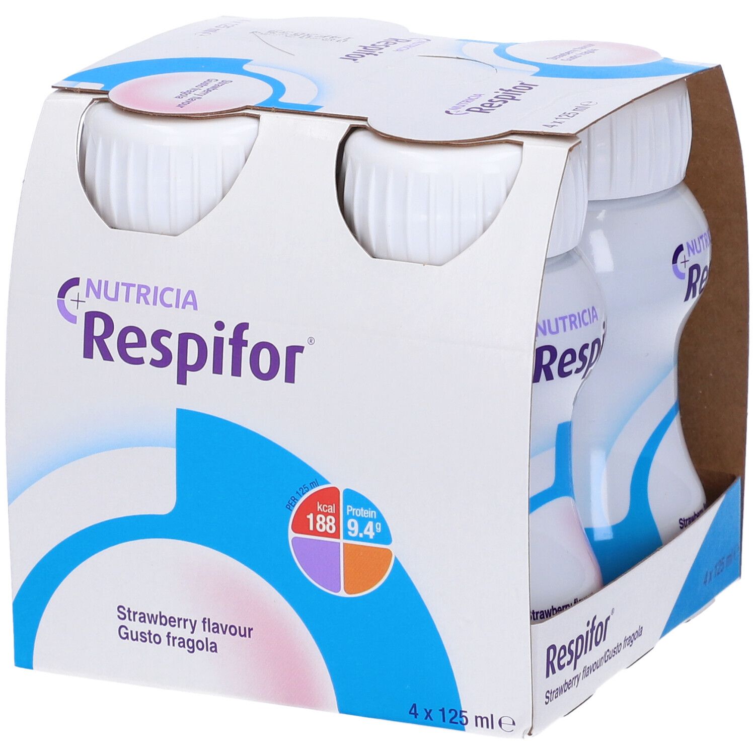 Confezione da quattro bottiglie. Scritta Respifor, Nutricia. Gusto fragola. Informazioni nutrizionali.