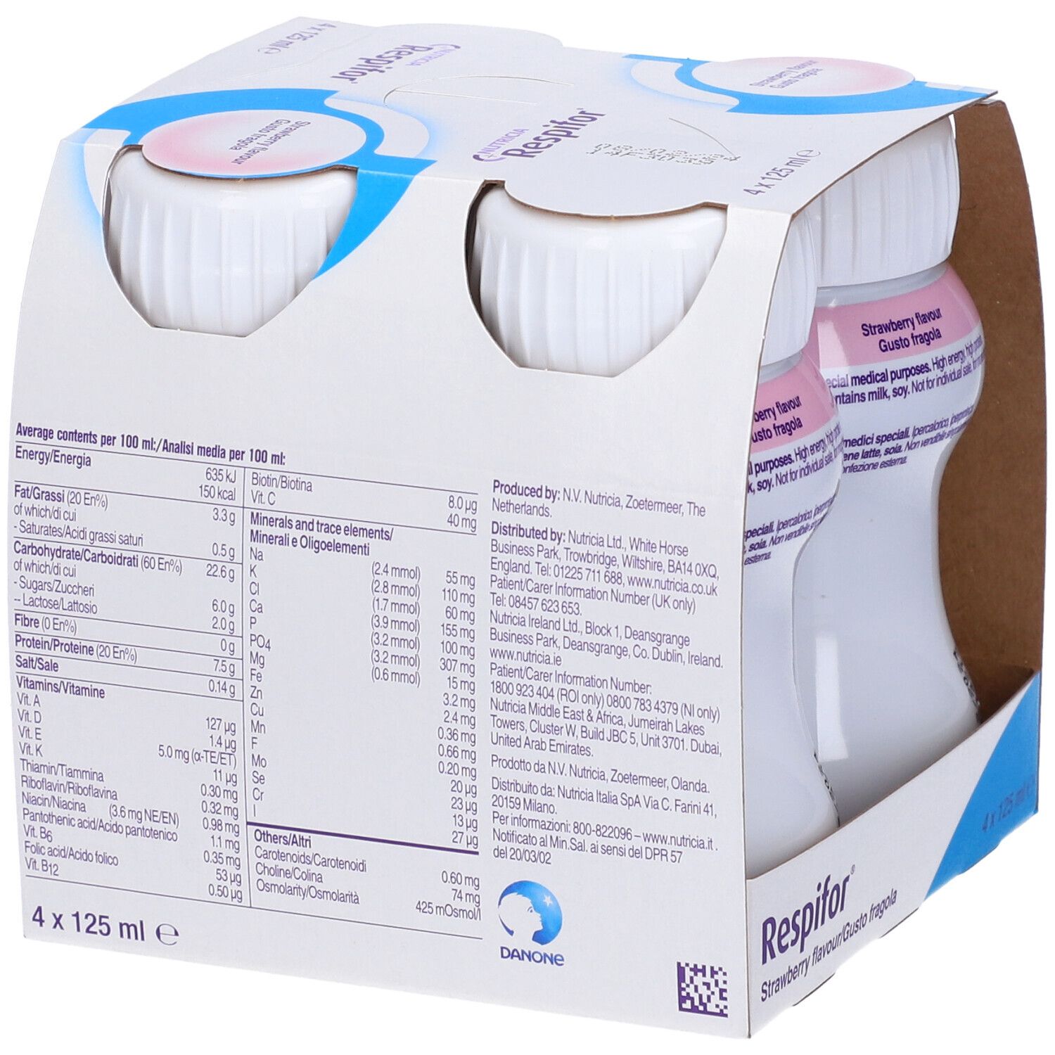 Confezione da quattro bottiglie. Scritta Respifor, Nutricia. Informazioni nutrizionali e ingredienti. Gusto fragola.
