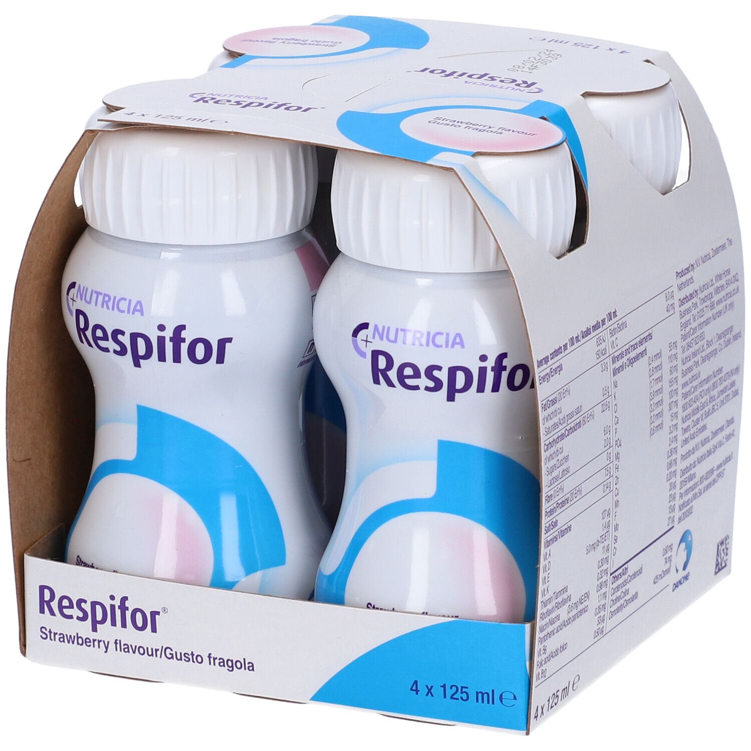 Confezione da quattro bottiglie. Scritta Respifor, Nutricia. Gusto fragola. Informazioni nutrizionali.
