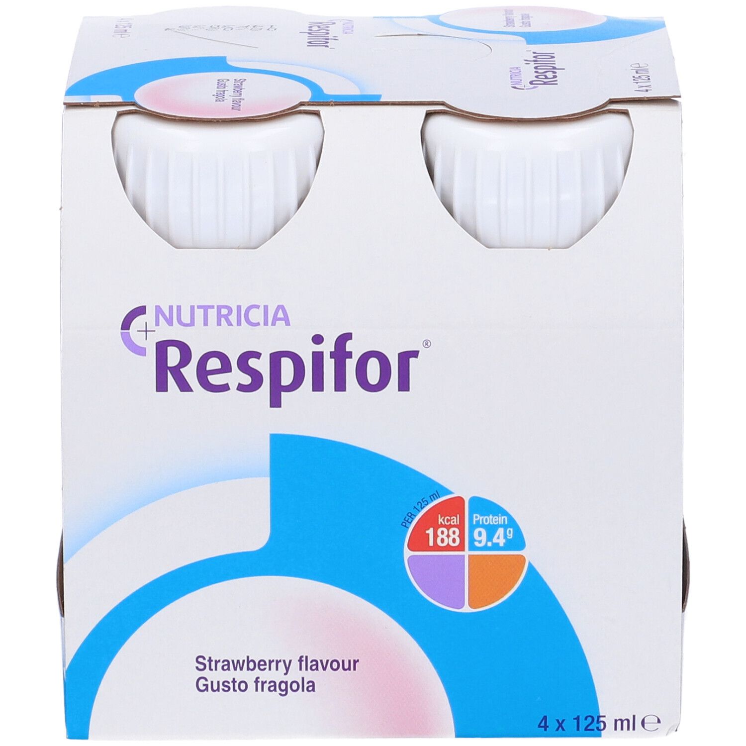 Confezione da quattro bottiglie. Scritta Respifor, Nutricia. Gusto fragola. Informazioni nutrizionali.