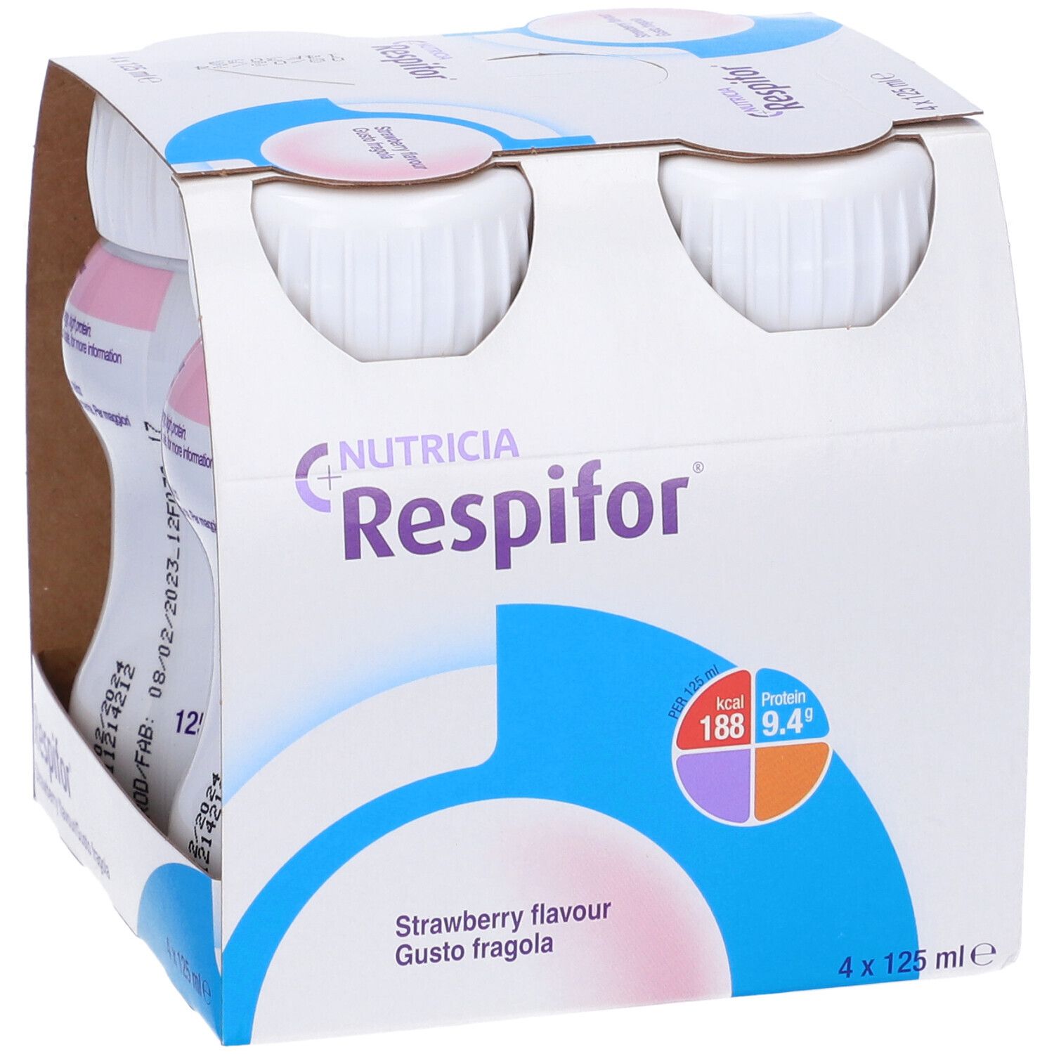 Confezione da quattro bottiglie. Scritta Respifor, Nutricia. Gusto fragola. Informazioni nutrizionali.