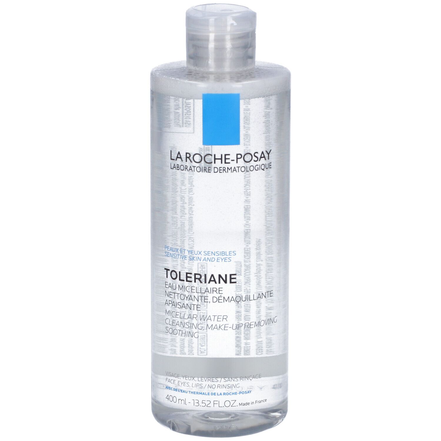 Flacone trasparente con etichetta blu. Scritta: La Roche-Posay, Toleriane, Acqua Micellare. 400ml.