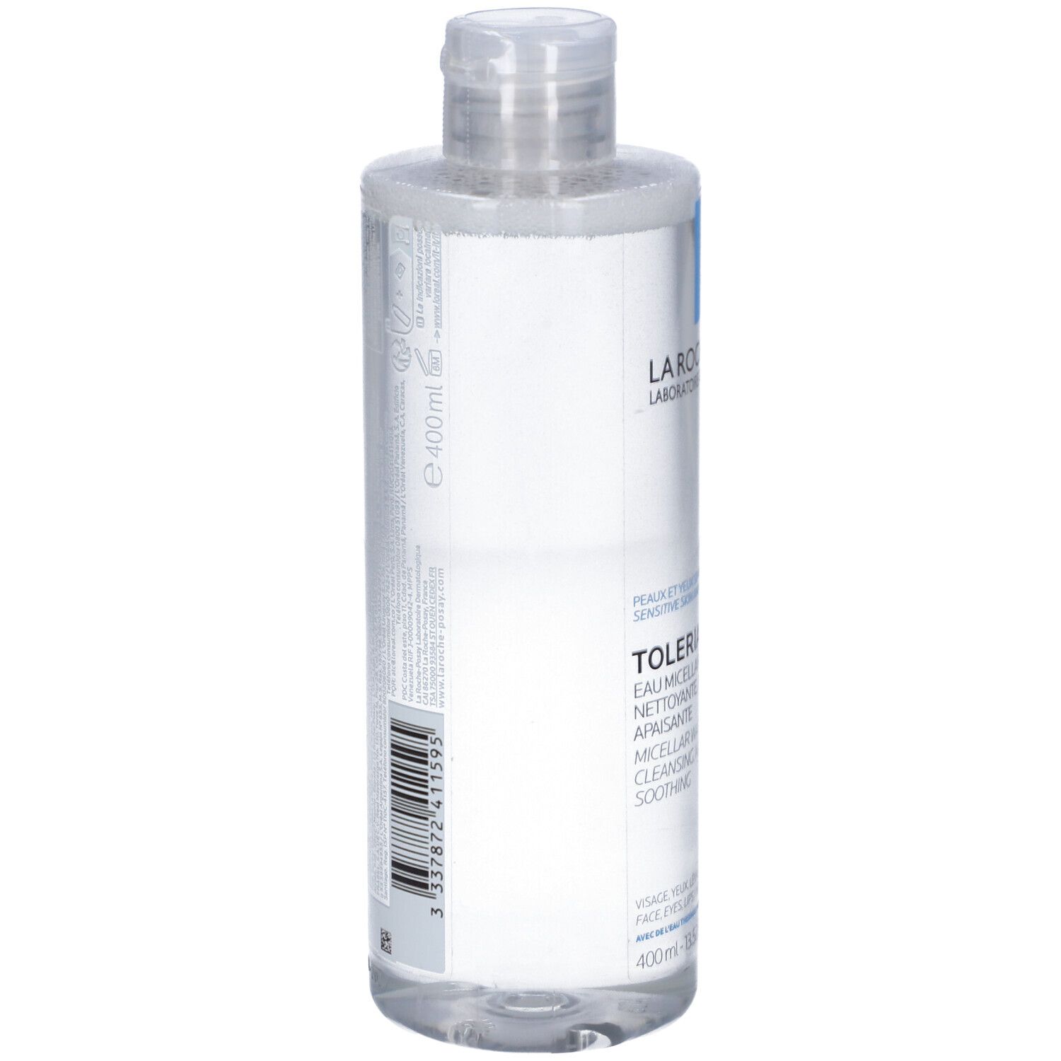 Flacone trasparente con etichetta blu. Scritta: La Roche-Posay, Toleriane, Acqua Micellare. Vista posteriore.