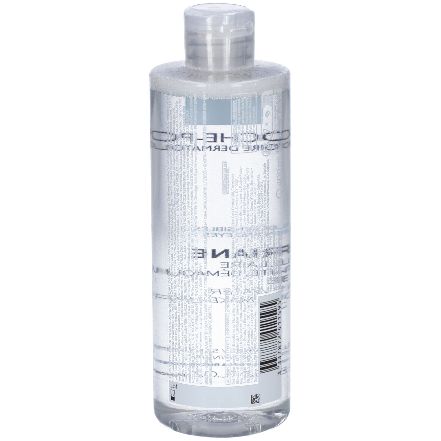 Flacone trasparente con etichetta blu. Scritta: La Roche-Posay, Toleriane, Acqua Micellare. Vista posteriore, codice a barre.