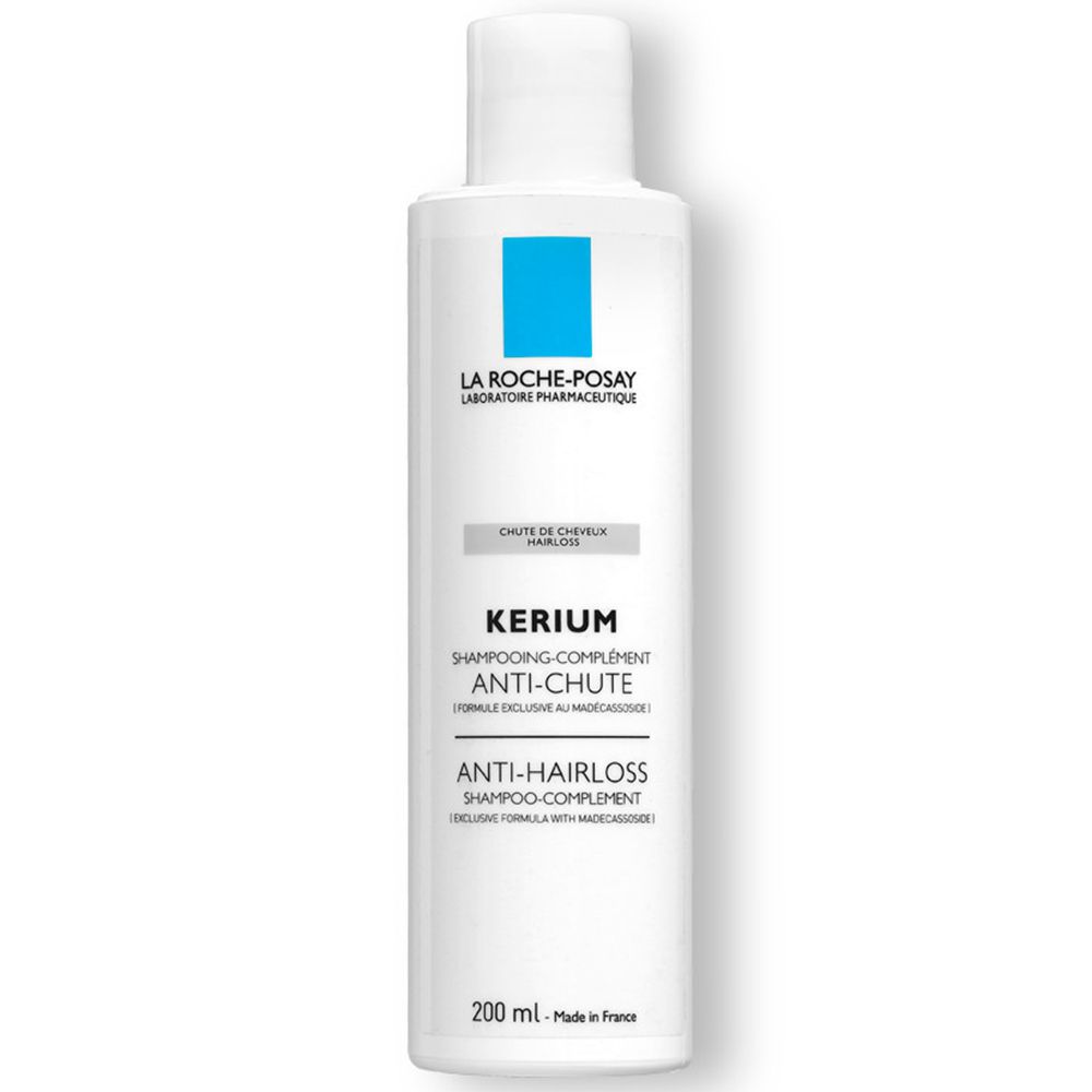 Shampoo bianco La Roche-Posay. Scritta: Kerium Anti-Caduta. Angolo logo blu. 200 ml.